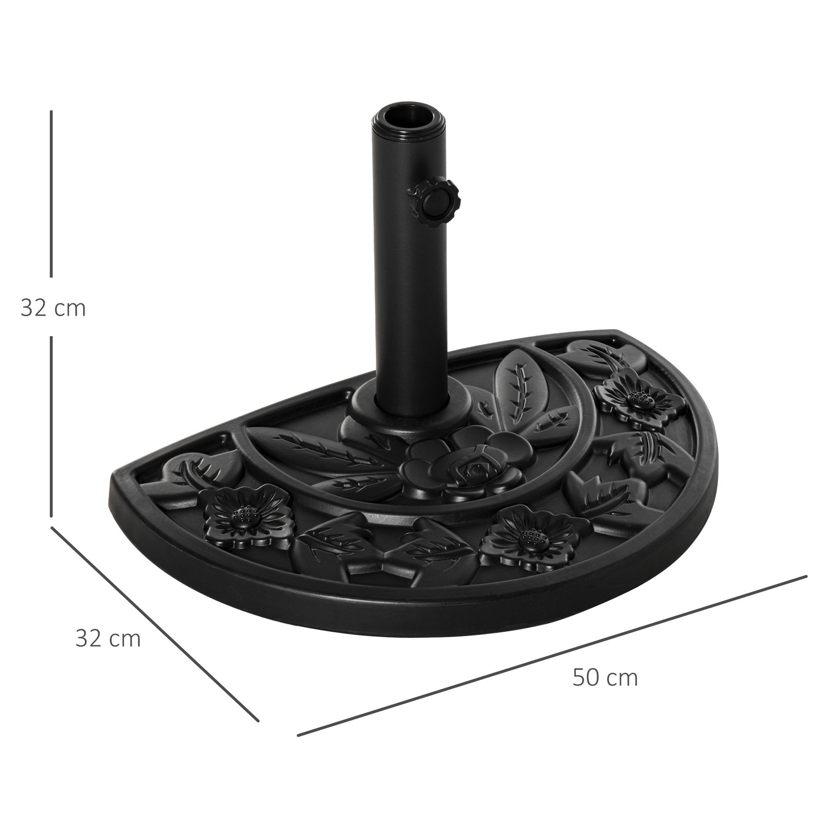 Base para chapéu de sol semicircular 9 kg apto para mastros de 35 mm 38 mm e 48 mm preenchido com cimento 50x32x32cm preto