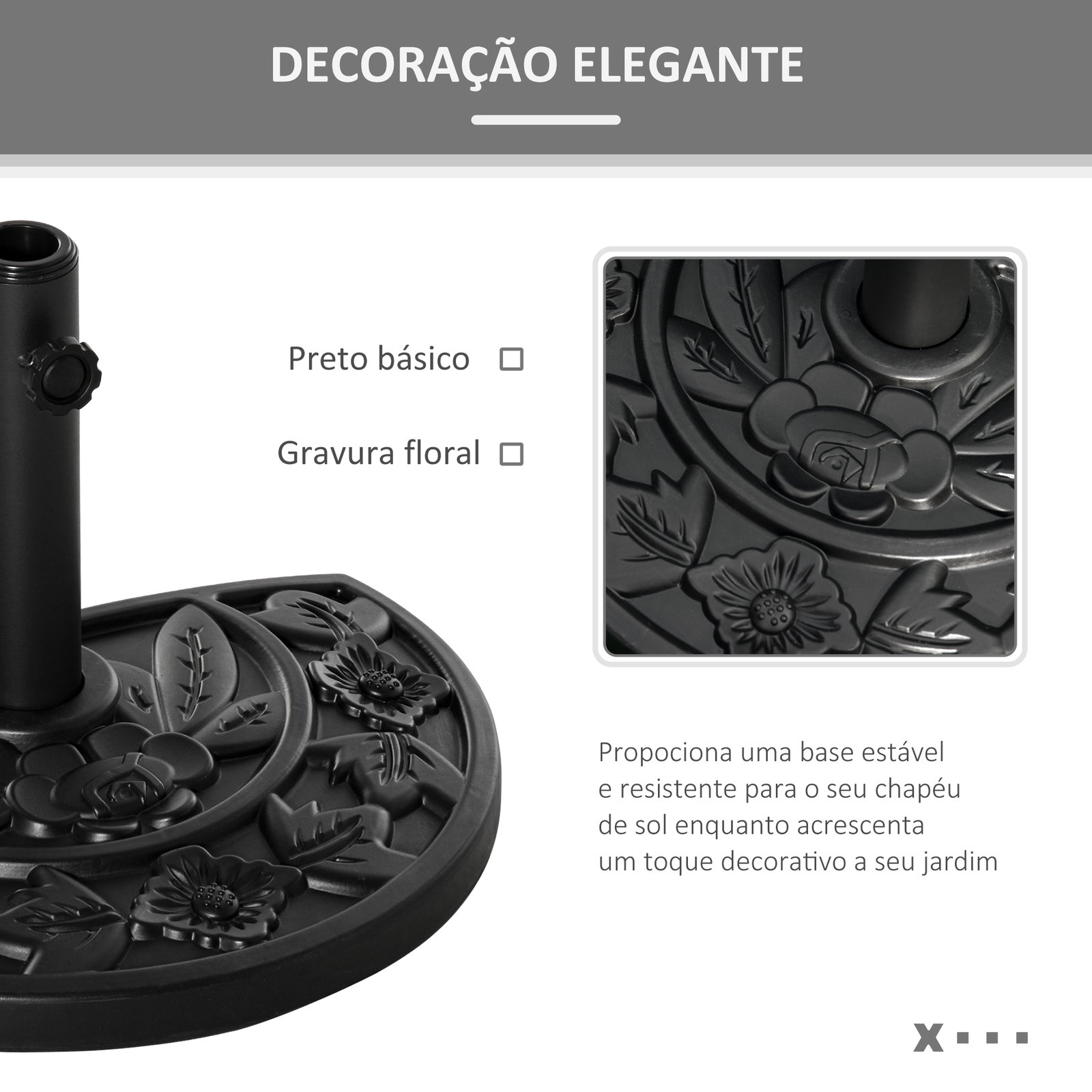 Base para chapéu de sol semicircular 9 kg apto para mastros de 35 mm 38 mm e 48 mm preenchido com cimento 50x32x32cm preto