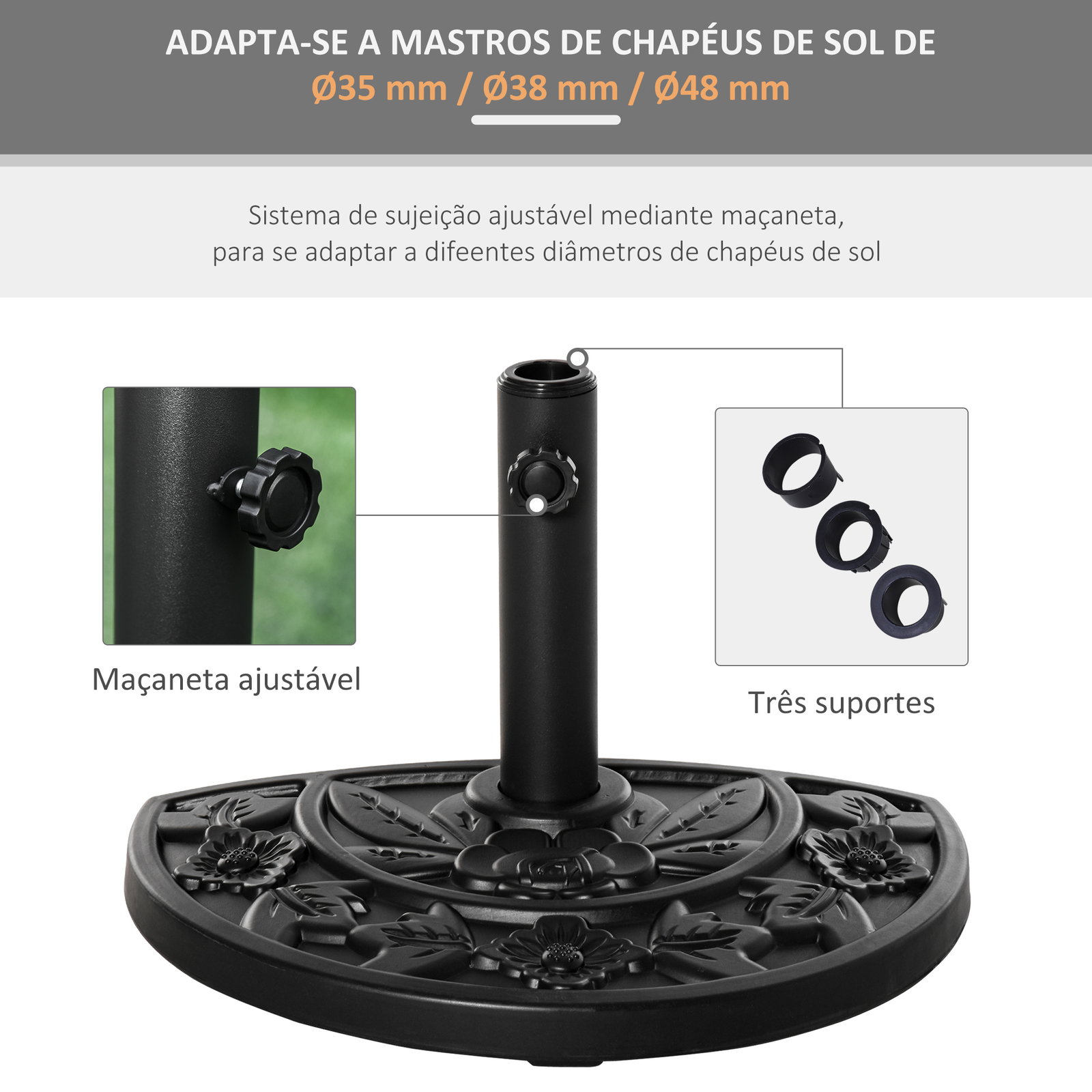 Base para chapéu de sol semicircular 9 kg apto para mastros de 35 mm 38 mm e 48 mm preenchido com cimento 50x32x32cm preto