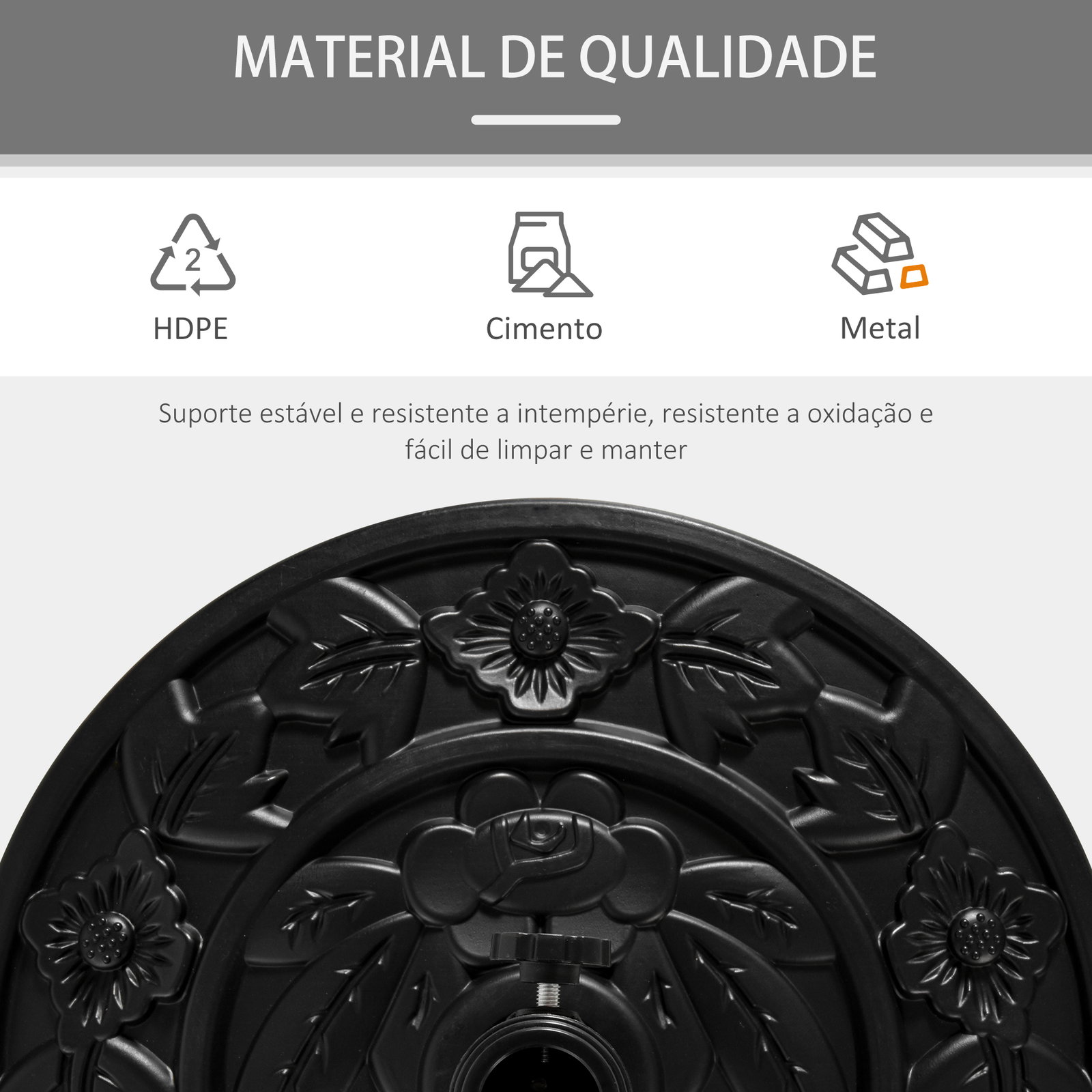 Base para chapéu de sol semicircular 9 kg apto para mastros de 35 mm 38 mm e 48 mm preenchido com cimento 50x32x32cm preto