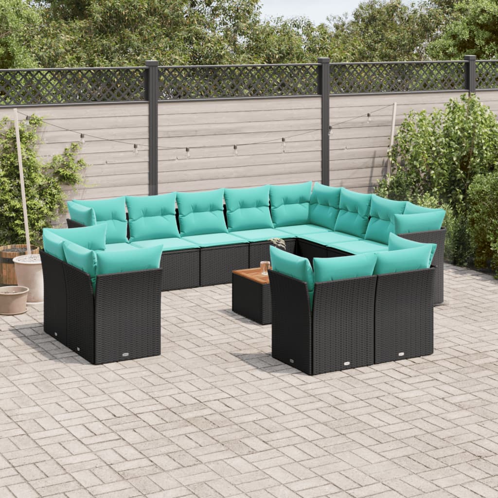 13 Pcs conjunto de sofás de jardim com almofadões vime PE preto