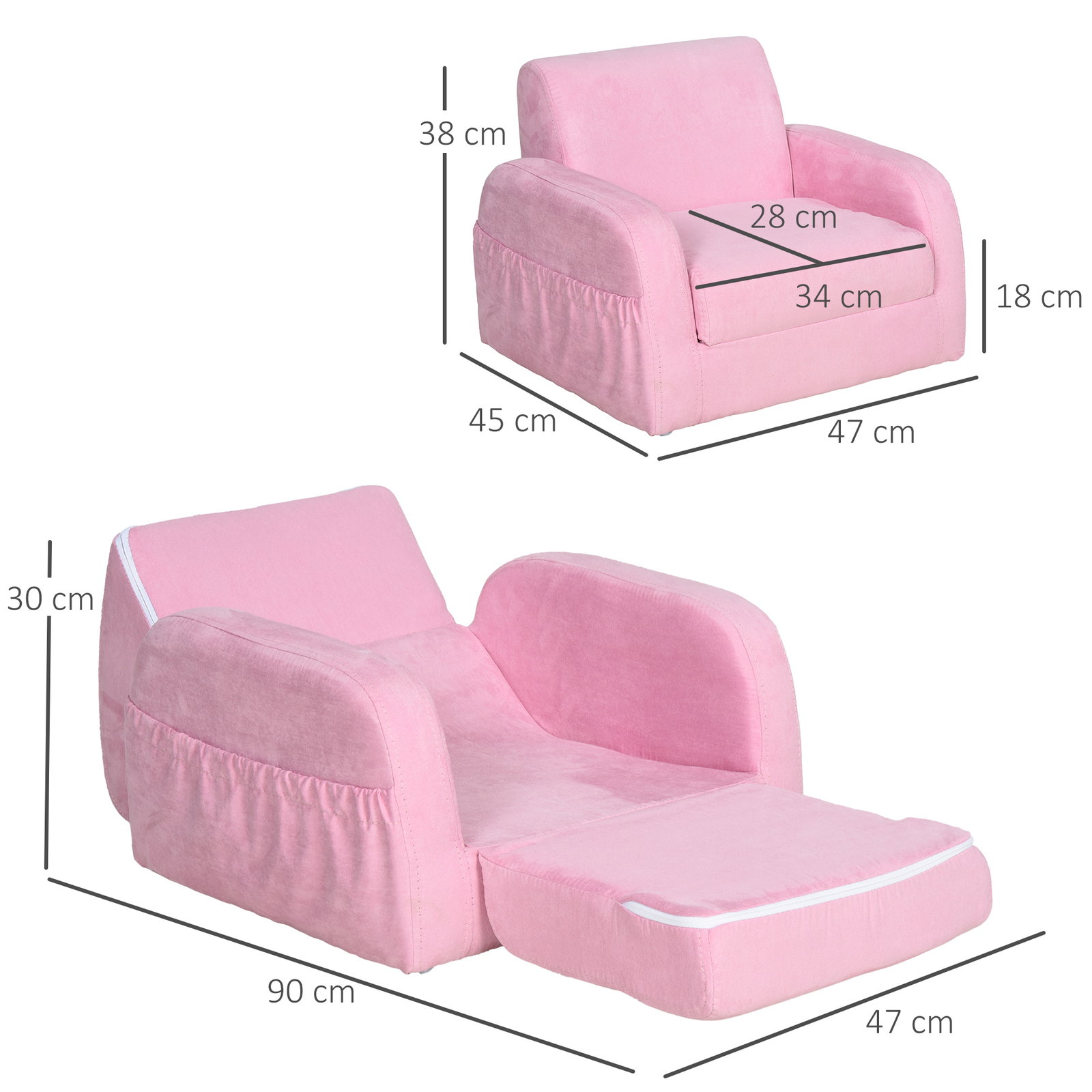 Poltrona infantil poltrona 2 em 1 para crianças dobrável em 2 posições com apoio de braços e assento acolchoado 47x45x38cm rosa