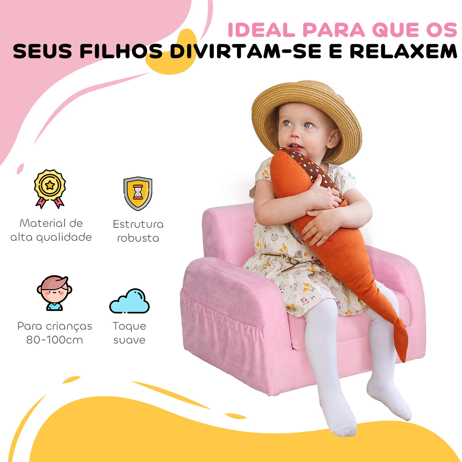 Poltrona infantil poltrona 2 em 1 para crianças dobrável em 2 posições com apoio de braços e assento acolchoado 47x45x38cm rosa