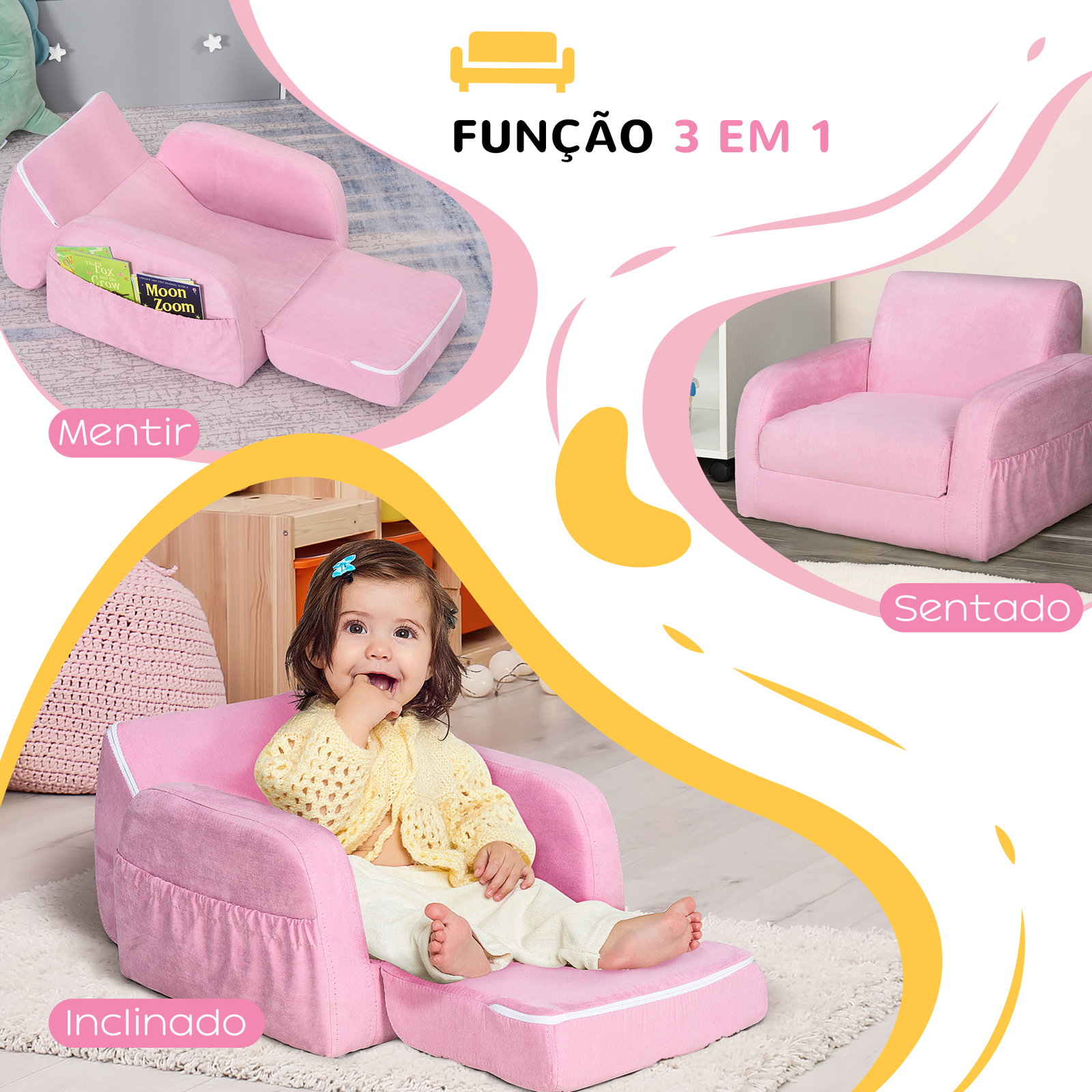 Poltrona infantil poltrona 2 em 1 para crianças dobrável em 2 posições com apoio de braços e assento acolchoado 47x45x38cm rosa