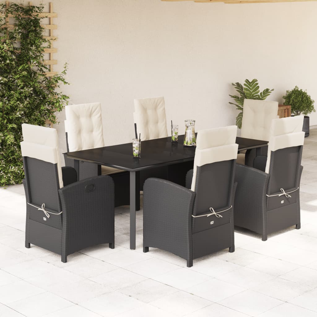 7 Pcs conjunto de jantar p/ jardim c/ almofadões vime PE preto