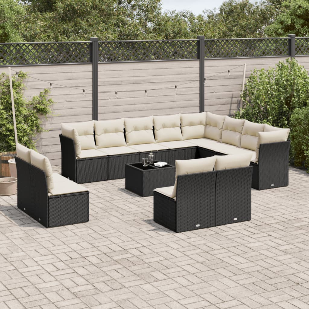 13 Pcs conjunto de sofás de jardim com almofadões vime PE preto