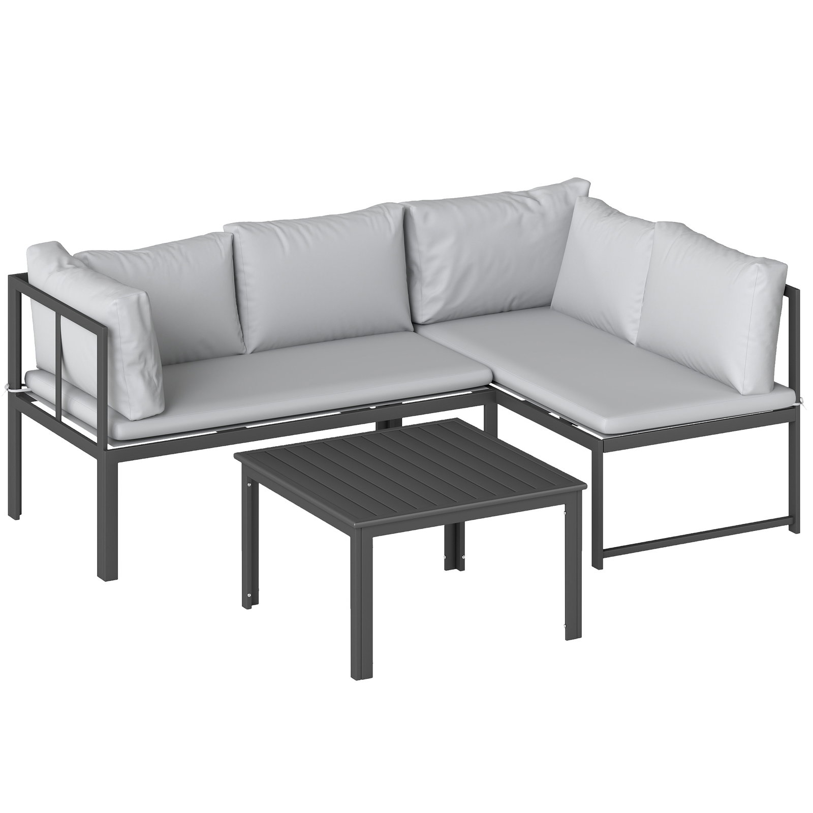 Conjunto de jardim exterior com almofadas, 2 sofás de 2 lugares com reposabráços ajustáveis e mesa de centro, cinzento