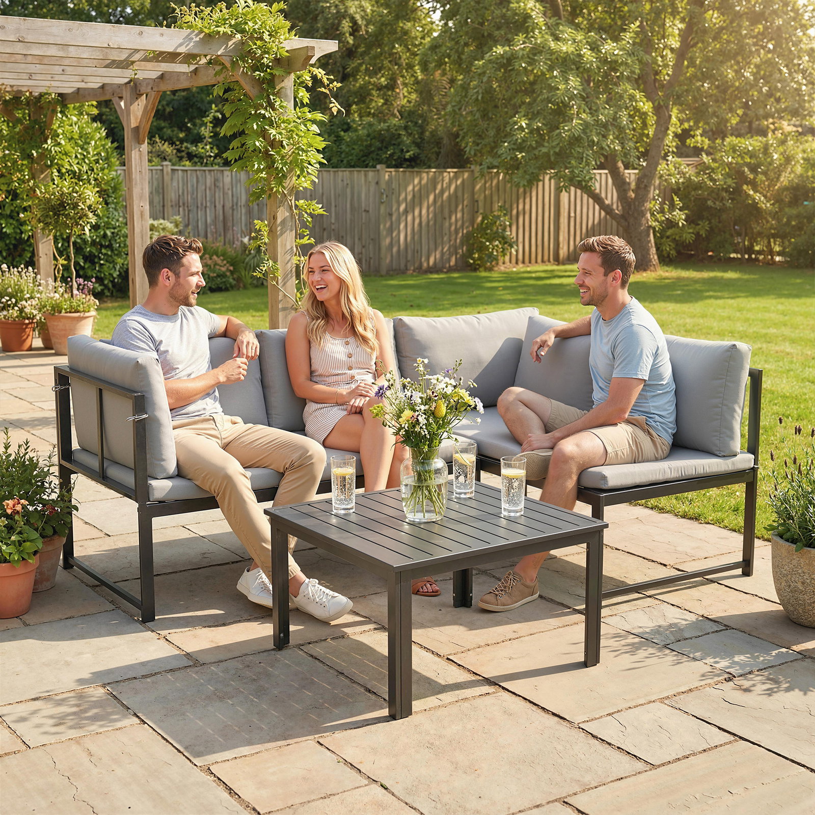 Conjunto de jardim exterior com almofadas, 2 sofás de 2 lugares com reposabráços ajustáveis e mesa de centro, cinzento