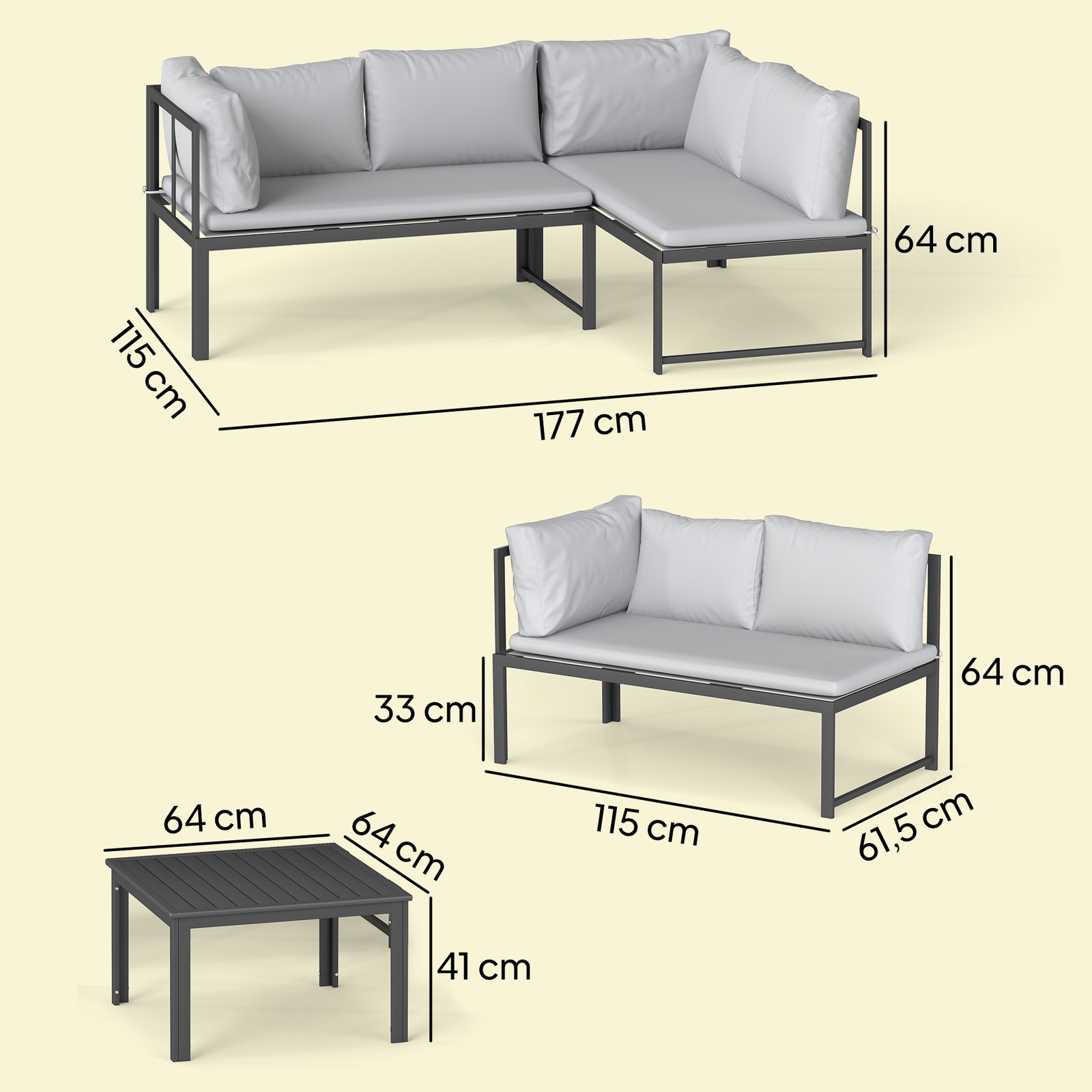 Conjunto de jardim exterior com almofadas, 2 sofás de 2 lugares com reposabráços ajustáveis e mesa de centro, cinzento