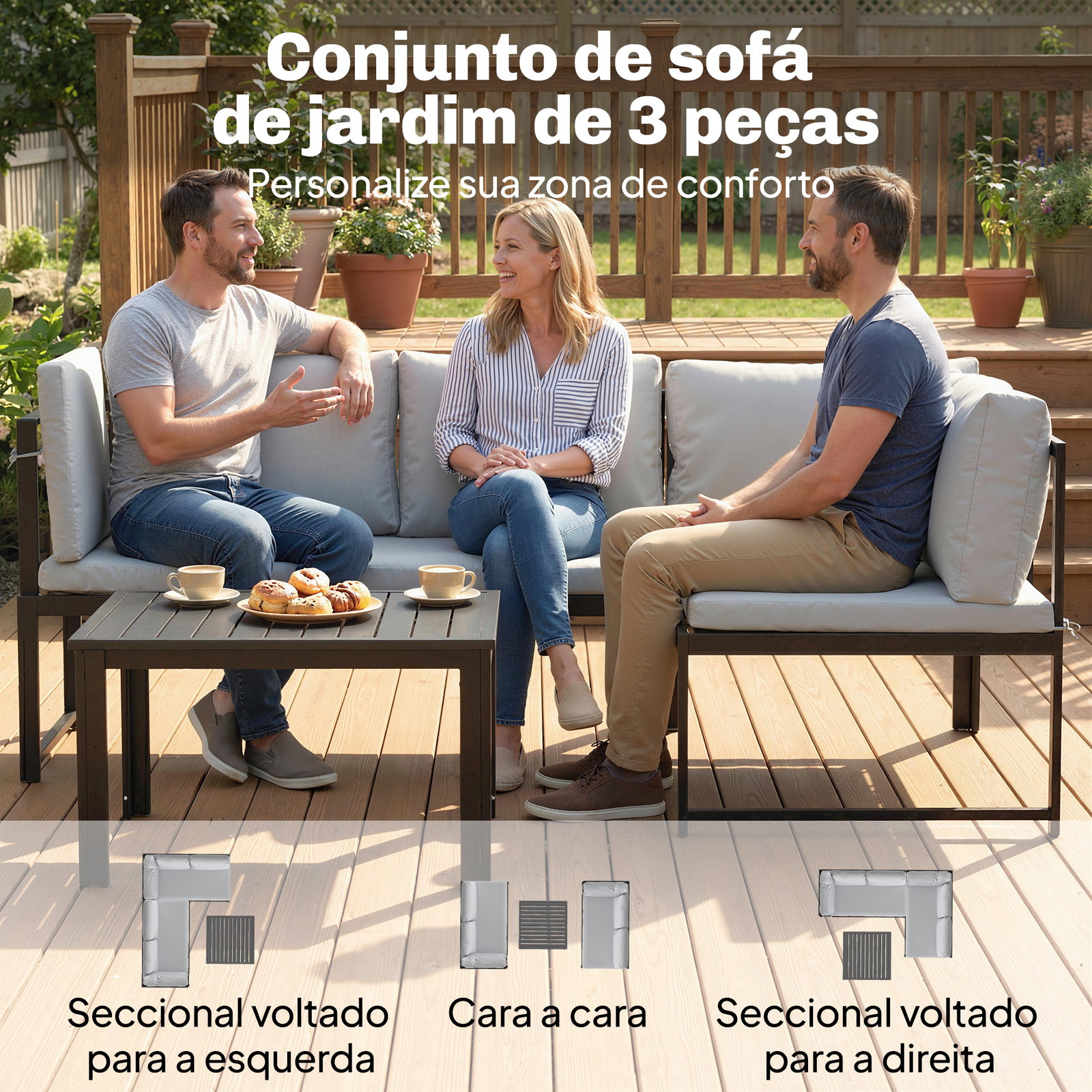 Conjunto de jardim exterior com almofadas, 2 sofás de 2 lugares com reposabráços ajustáveis e mesa de centro, cinzento