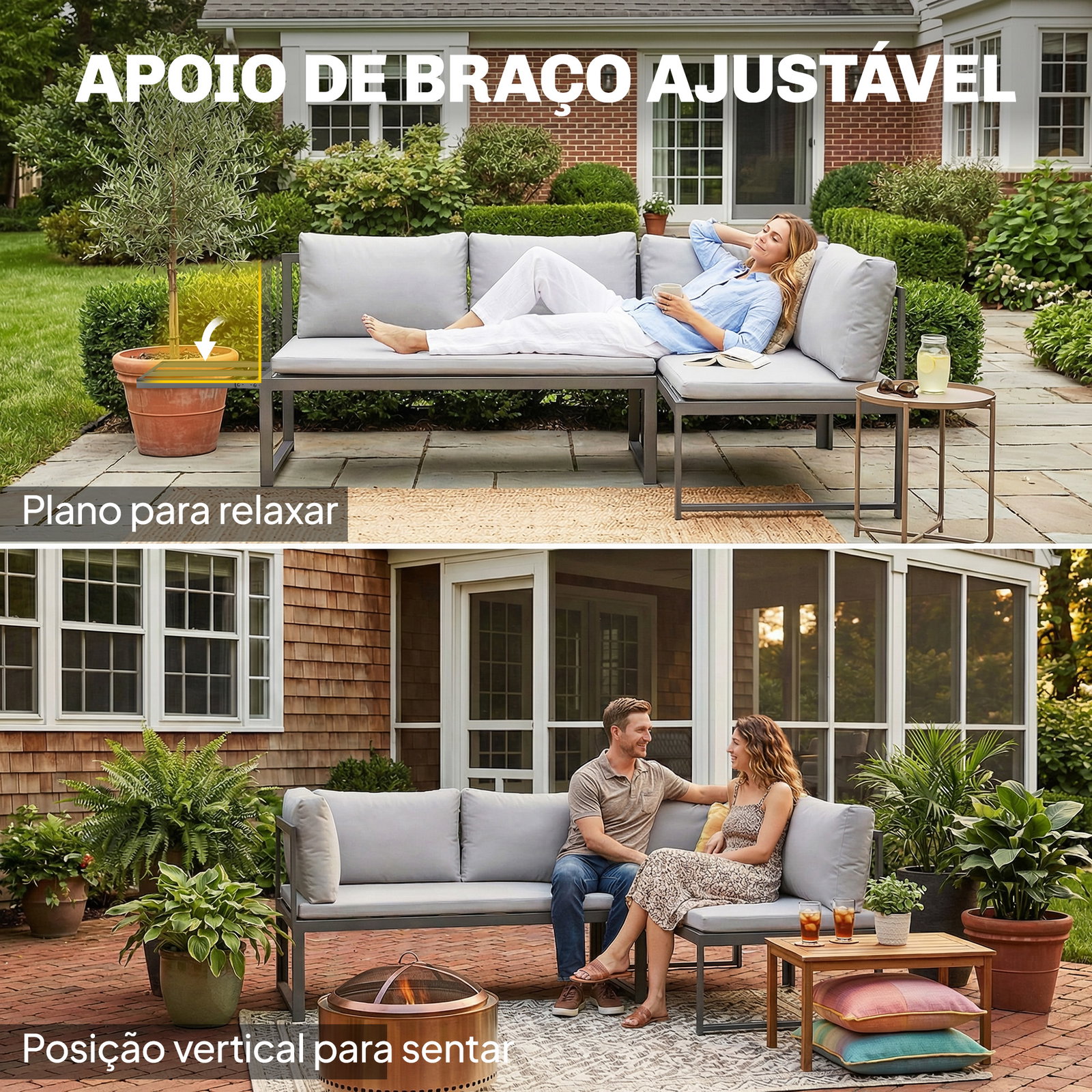 Conjunto de jardim exterior com almofadas, 2 sofás de 2 lugares com reposabráços ajustáveis e mesa de centro, cinzento