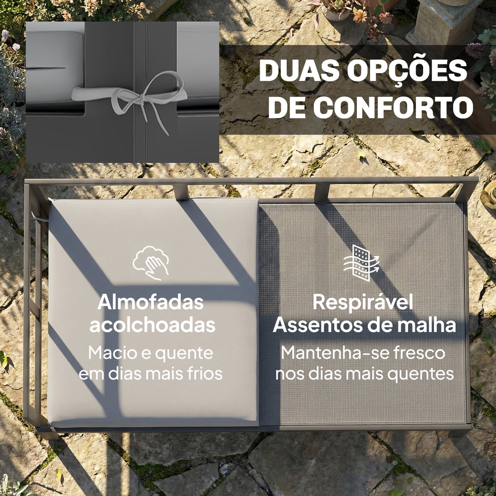 Conjunto de jardim exterior com almofadas, 2 sofás de 2 lugares com reposabráços ajustáveis e mesa de centro, cinzento