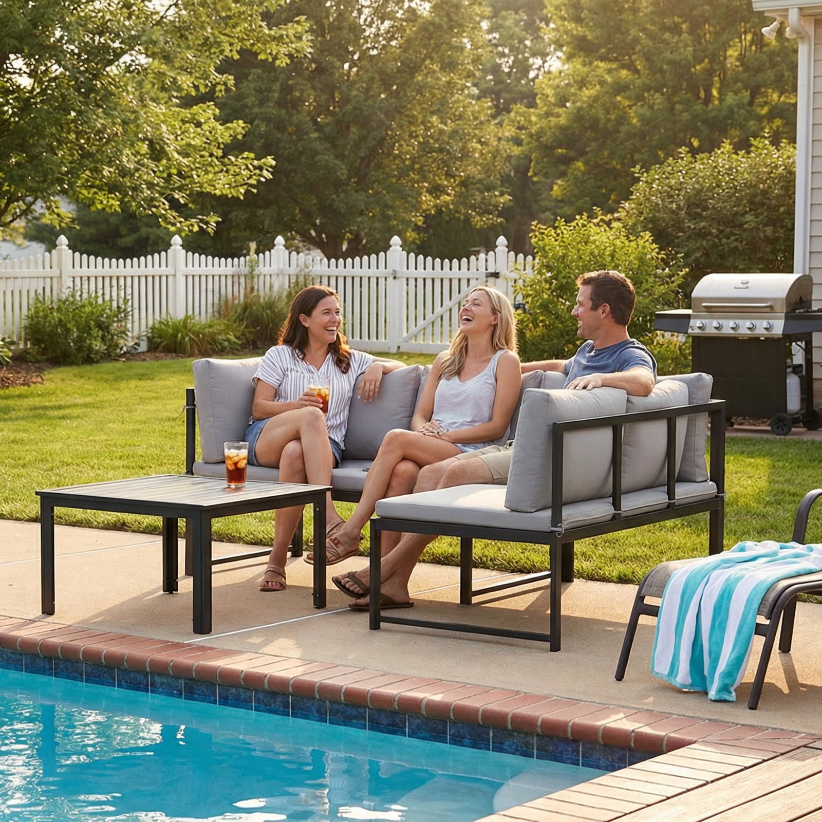 Conjunto de jardim exterior com almofadas, 2 sofás de 2 lugares com reposabráços ajustáveis e mesa de centro, cinzento