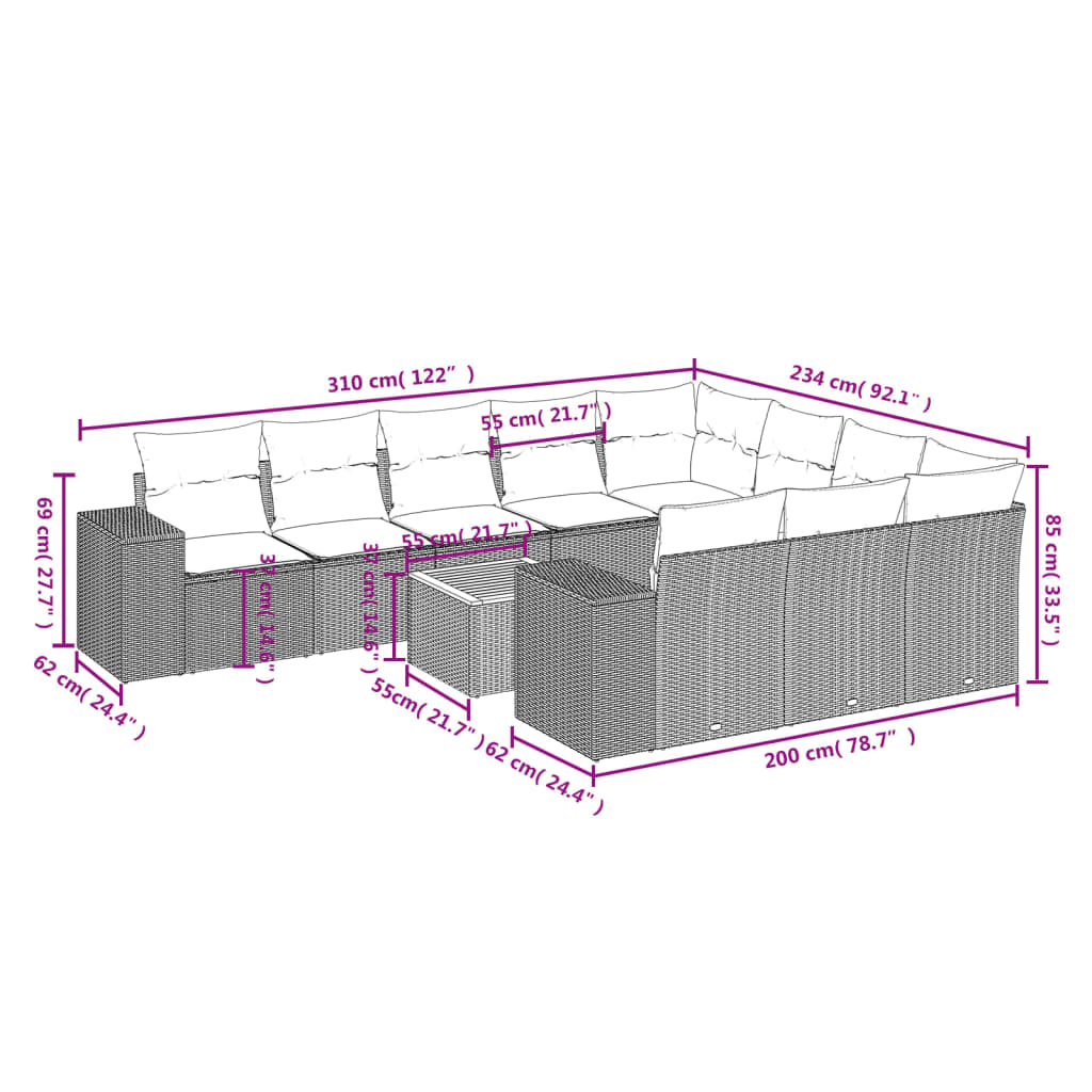 11 Pcs conjunto sofás de jardim c/ almofadões vime PE cinzento