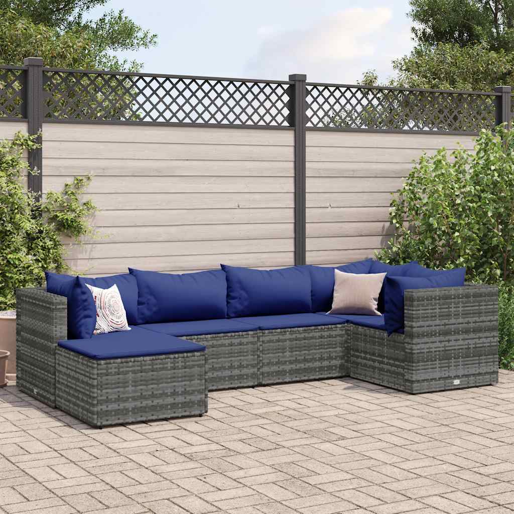 6 Pcs conjunto lounge de jardim c/ almofadões vime PE cinzento