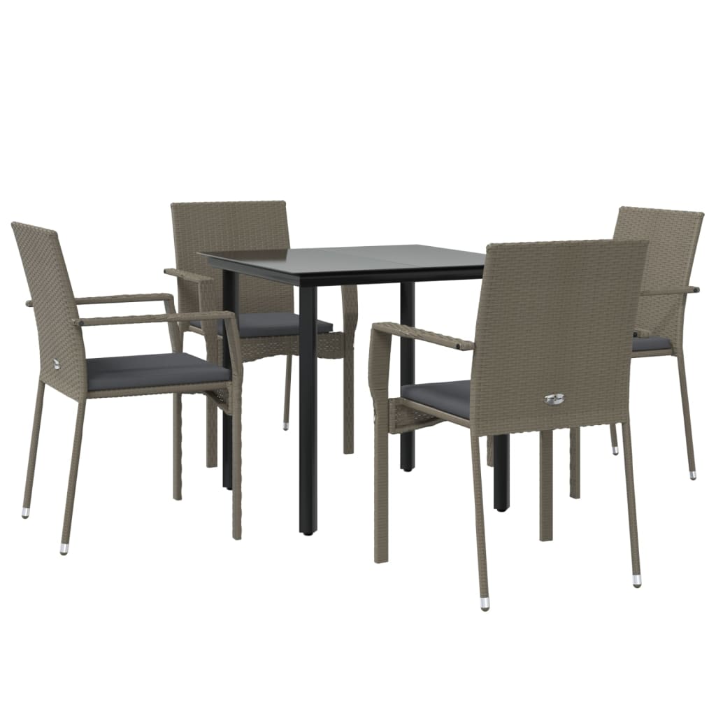 5 Pcs conjunto jantar jardim c/ almofadões vime PE preto/cinza
