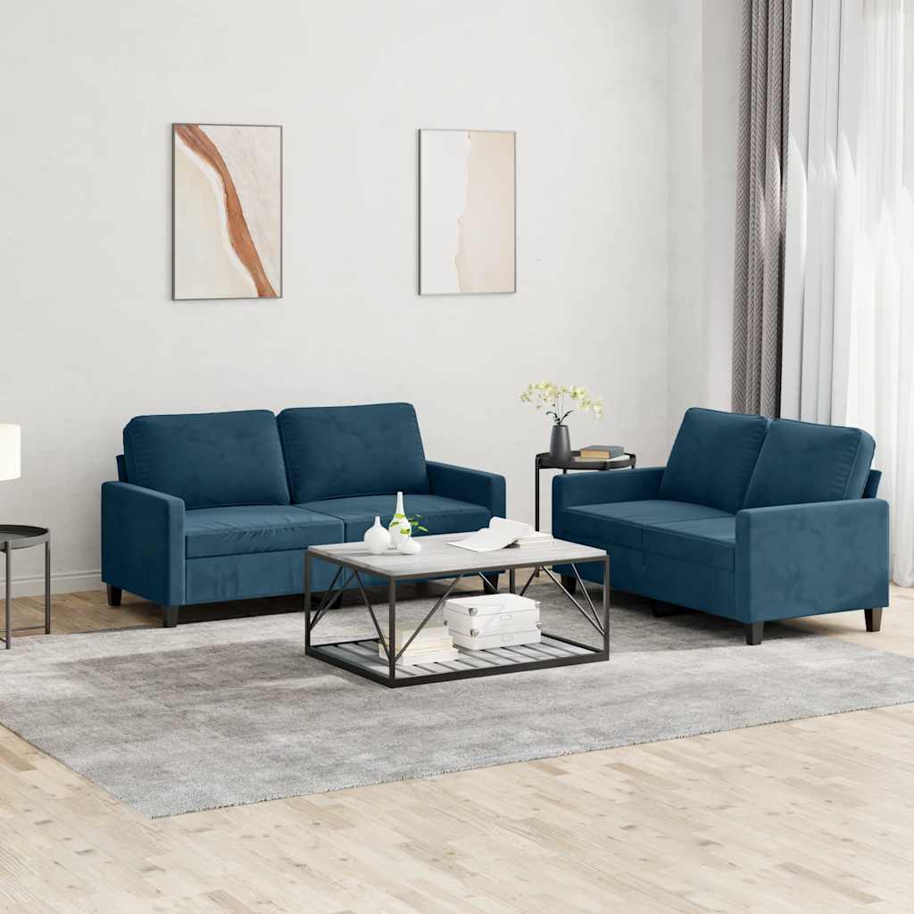 2 Pcs conjunto de sofás com almofadões veludo azul