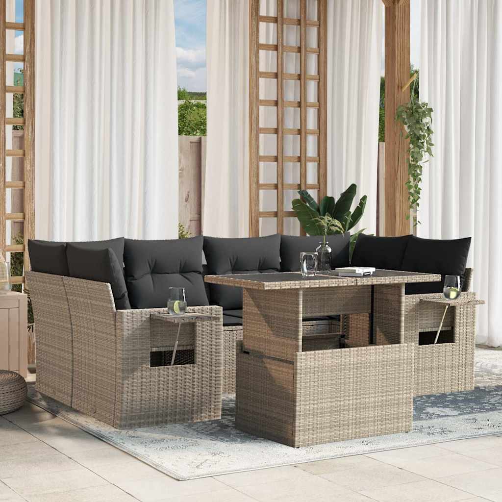 7 Pcs conj. sofás jardim com almofadões vime PE cinzento-claro