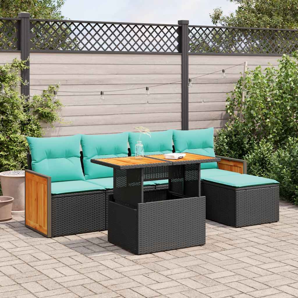 6 Pcs conjunto sofás jardim c/ almofadões vime PE/acácia preto