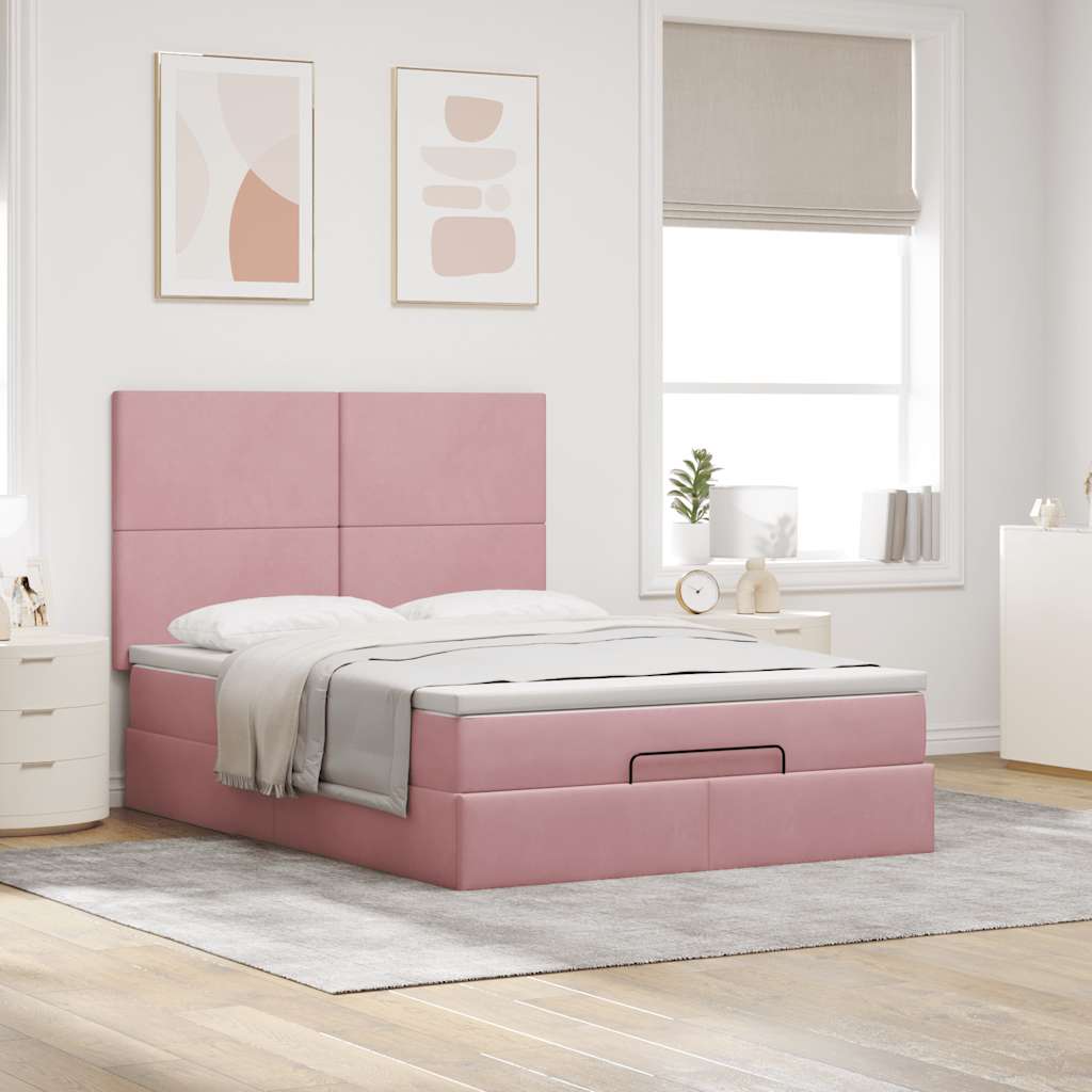 Estrutura de cama otomana com colchões 140x190 cm veludo rosa