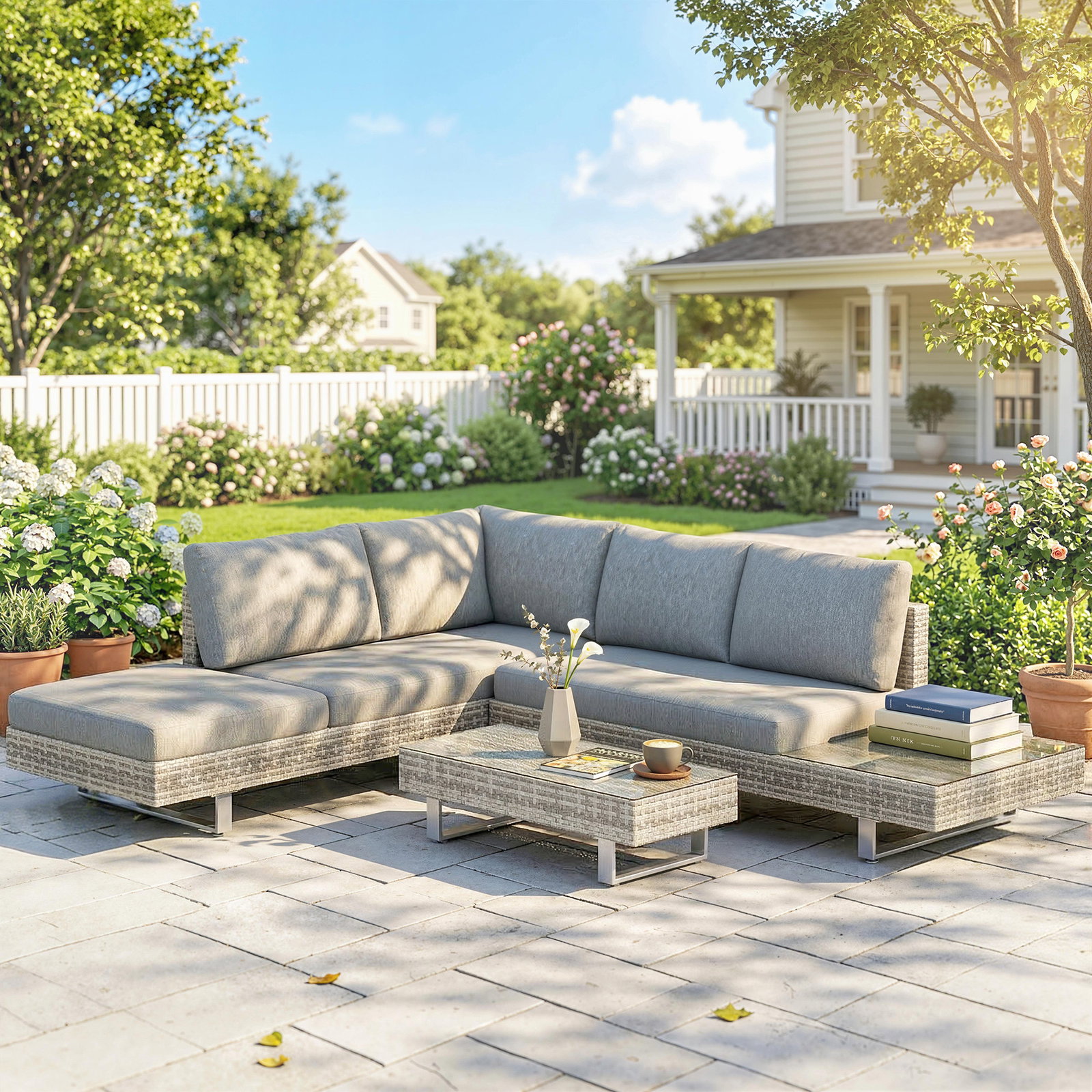 Conjunto de jardim em vime de 3 peças com sofás modulares de 3 e 2 lugares mesa lateral e mesa de centro cinzento