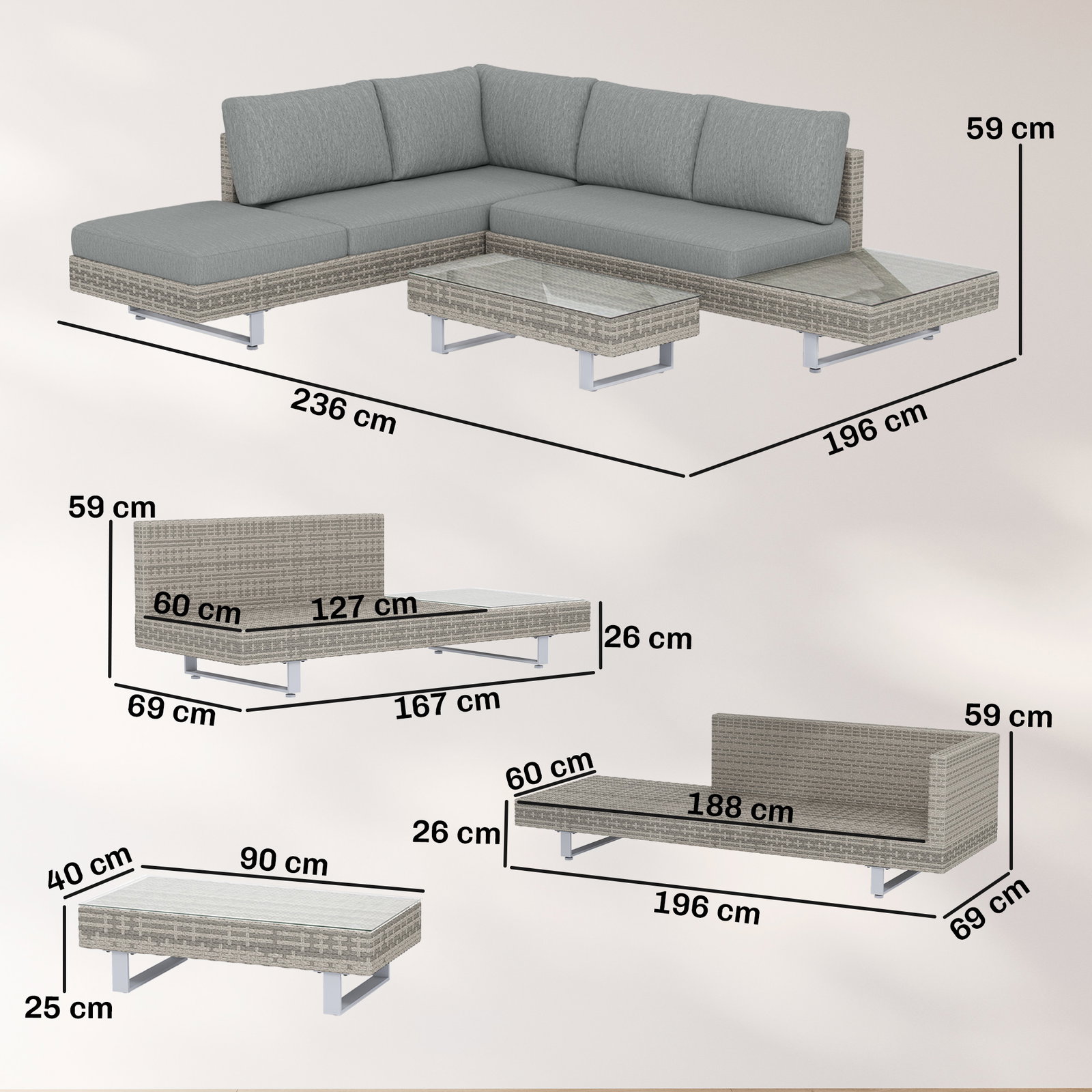 Conjunto de jardim em vime de 3 peças com sofás modulares de 3 e 2 lugares mesa lateral e mesa de centro cinzento
