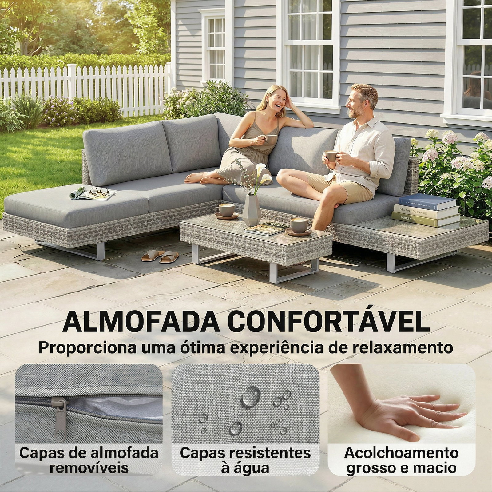 Conjunto de jardim em vime de 3 peças com sofás modulares de 3 e 2 lugares mesa lateral e mesa de centro cinzento