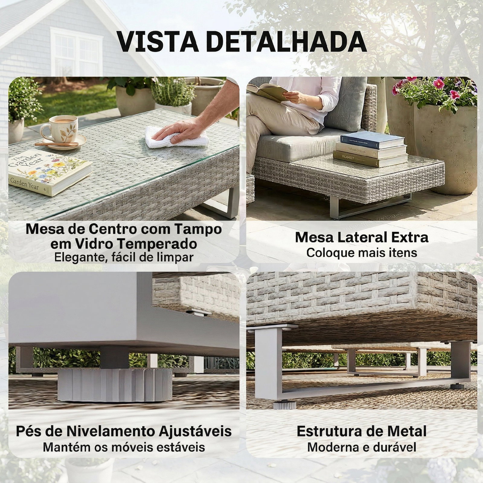 Conjunto de jardim em vime de 3 peças com sofás modulares de 3 e 2 lugares mesa lateral e mesa de centro cinzento