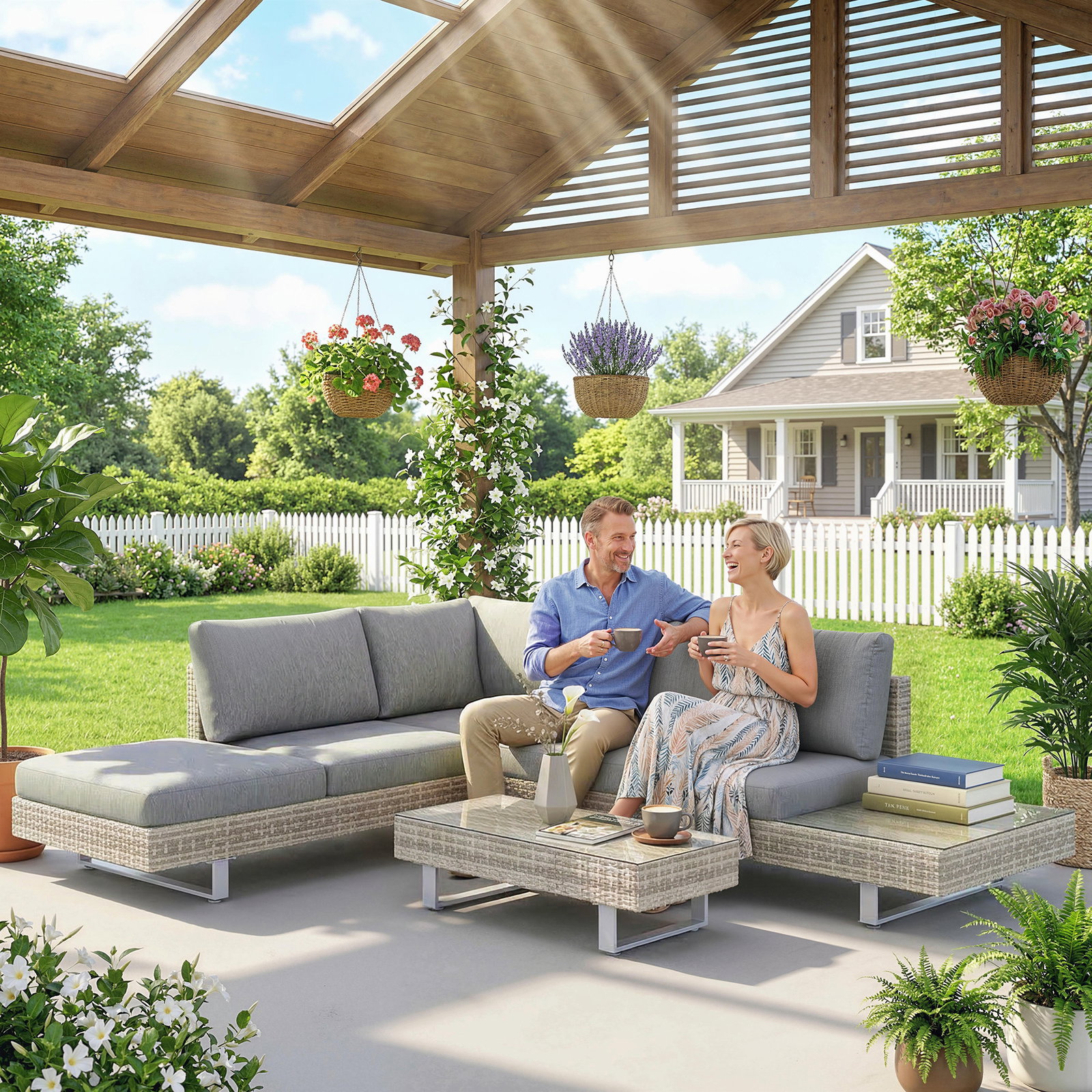 Conjunto de jardim em vime de 3 peças com sofás modulares de 3 e 2 lugares mesa lateral e mesa de centro cinzento