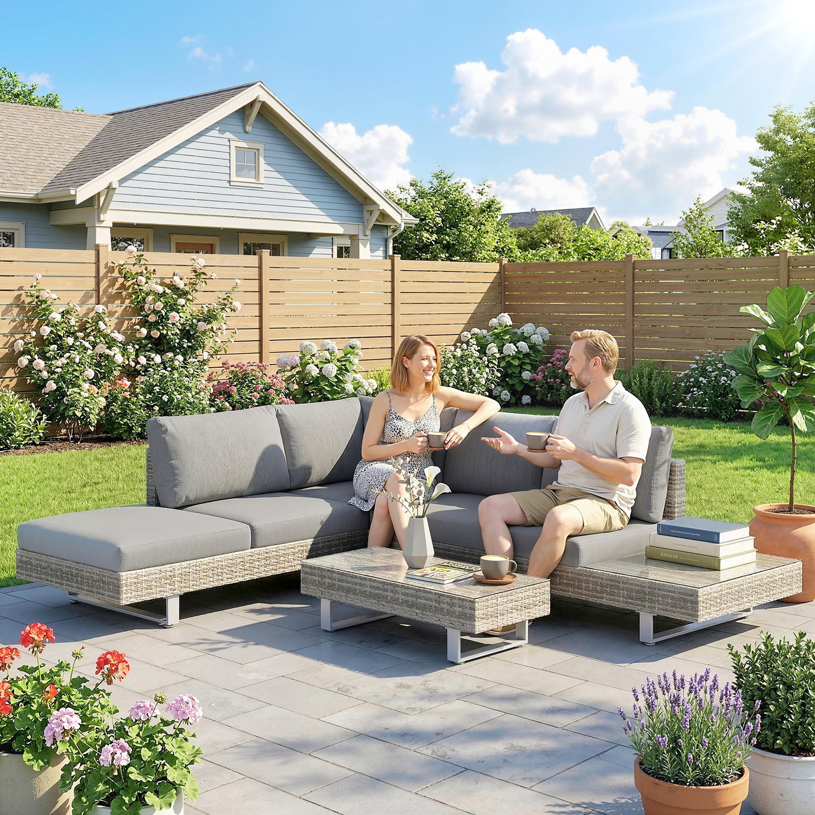 Conjunto de jardim em vime de 3 peças com sofás modulares de 3 e 2 lugares mesa lateral e mesa de centro cinzento