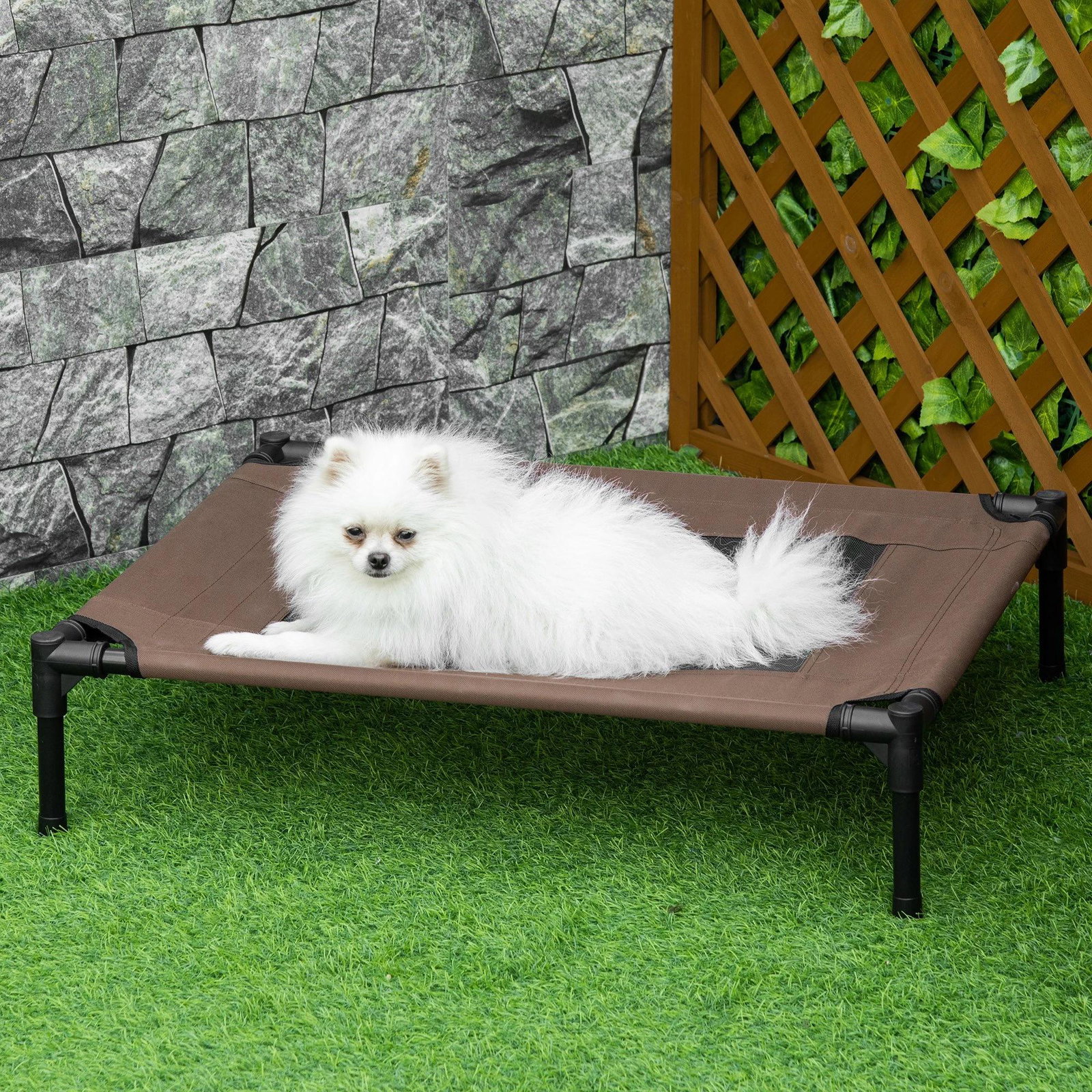 Cama para Animais de Estimação Cama Elevada para Cães Gatos Portátil Tecido Transpirável para Exterior Interior 76x61x18cm Marro