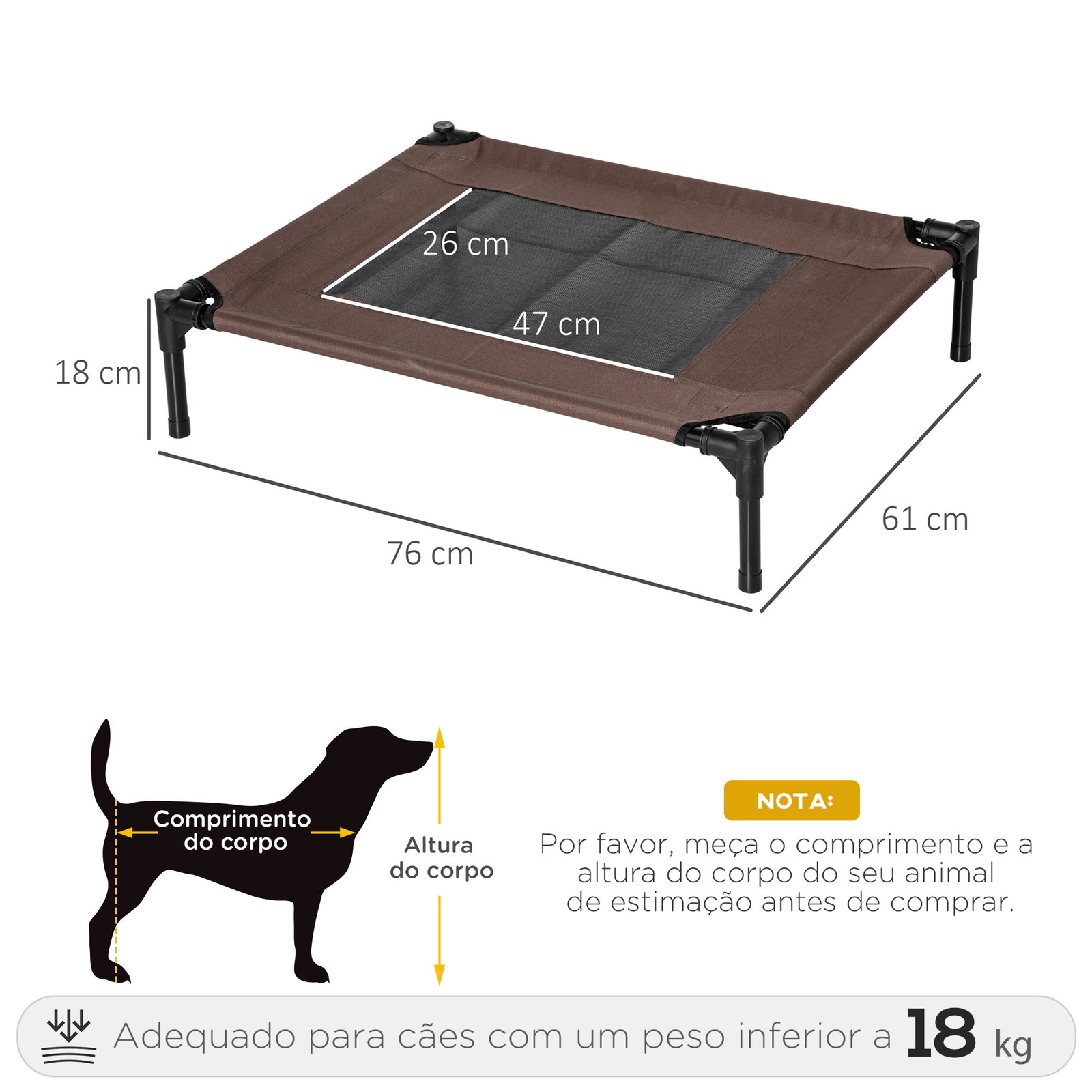 Cama para Animais de Estimação Cama Elevada para Cães Gatos Portátil Tecido Transpirável para Exterior Interior 76x61x18cm Marro