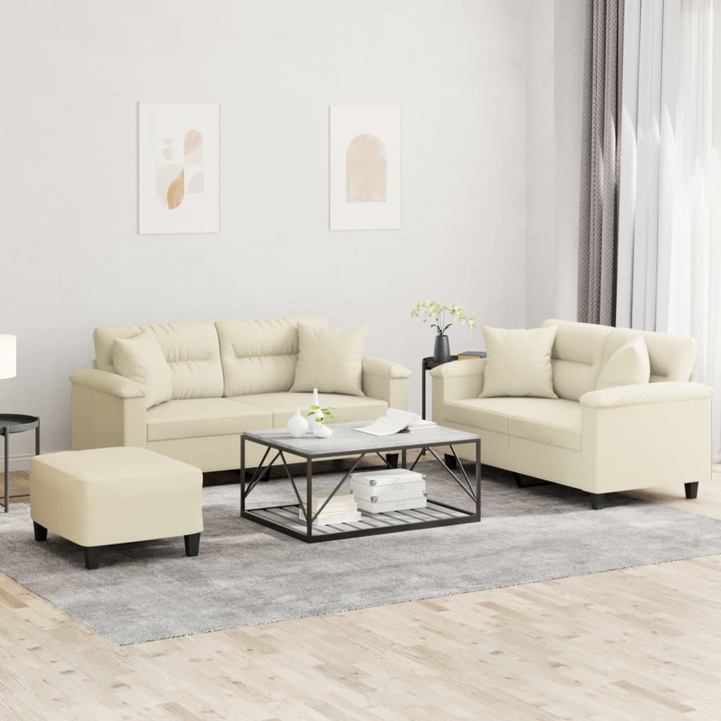 3 Pcs conjunto de sofás com almofadas couro artificial creme