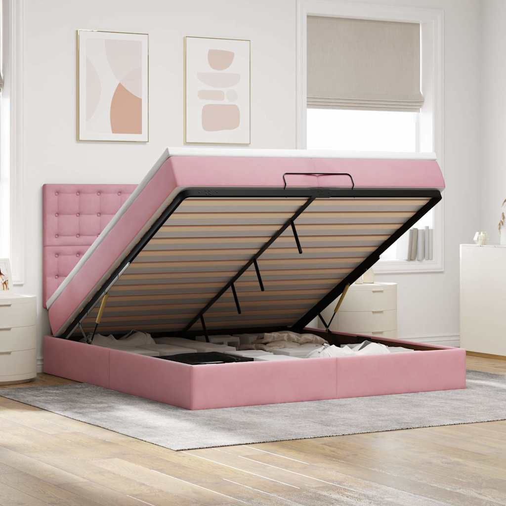 Moldura de cama otomana com colchão rosa 200x200cm veludo