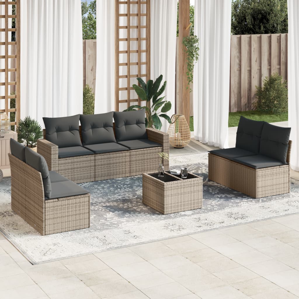 8 Pcs conjunto sofás de jardim c/ almofadões vime PE cinzento