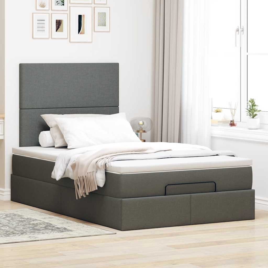 Estrutura de cama otomana com colchão cinza escuro tecido