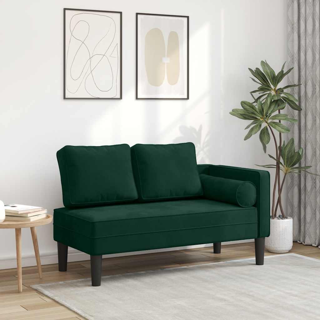 Chaise longue com almofadões veludo verde-escuro
