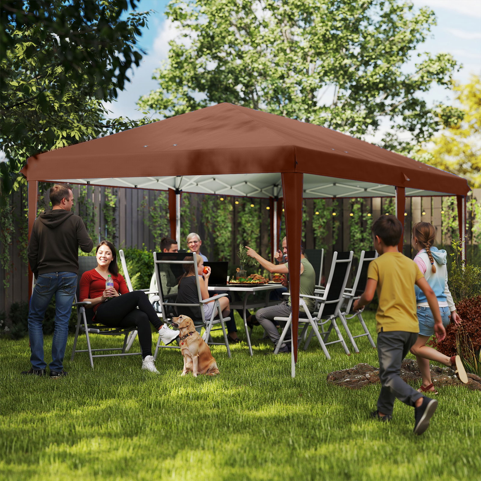 Tenda dobrável 6x3 m com altura ajustável em 3 níveis bolsa de transporte anti-UV e estrutura de aço castanho