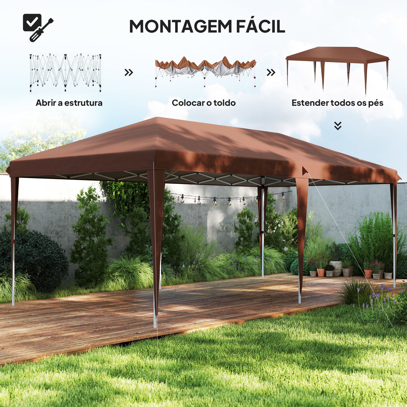 Tenda dobrável 6x3 m com altura ajustável em 3 níveis bolsa de transporte anti-UV e estrutura de aço castanho