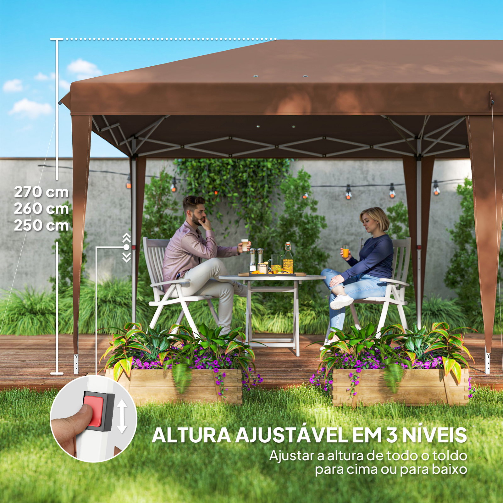 Tenda dobrável 6x3 m com altura ajustável em 3 níveis bolsa de transporte anti-UV e estrutura de aço castanho