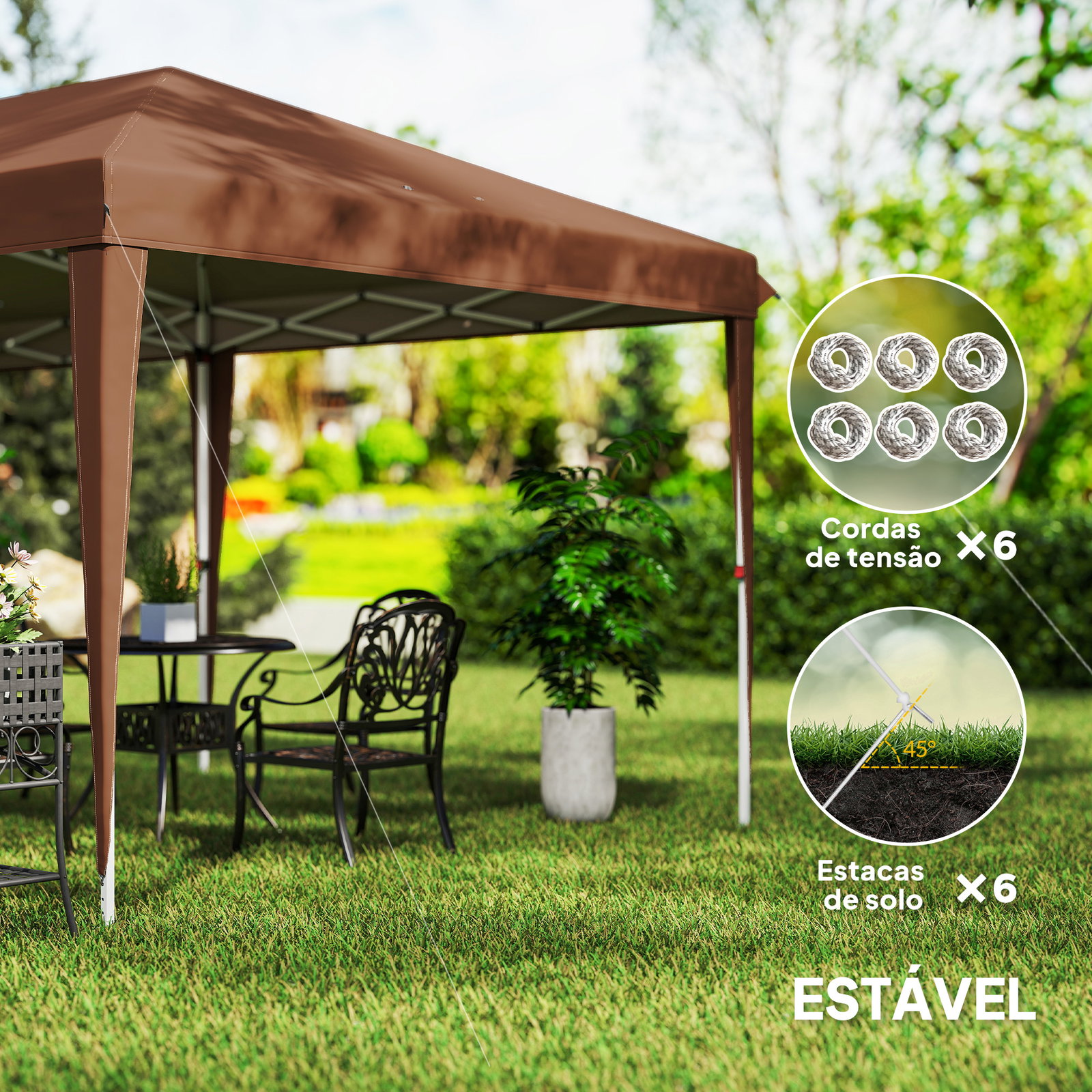 Tenda dobrável 6x3 m com altura ajustável em 3 níveis bolsa de transporte anti-UV e estrutura de aço castanho