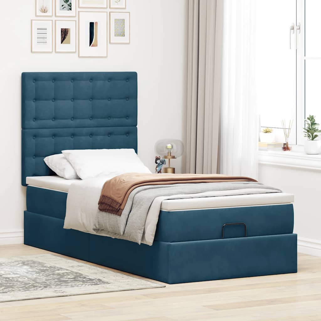 Estrutura de cama otomana com colchões azul escuro veludo