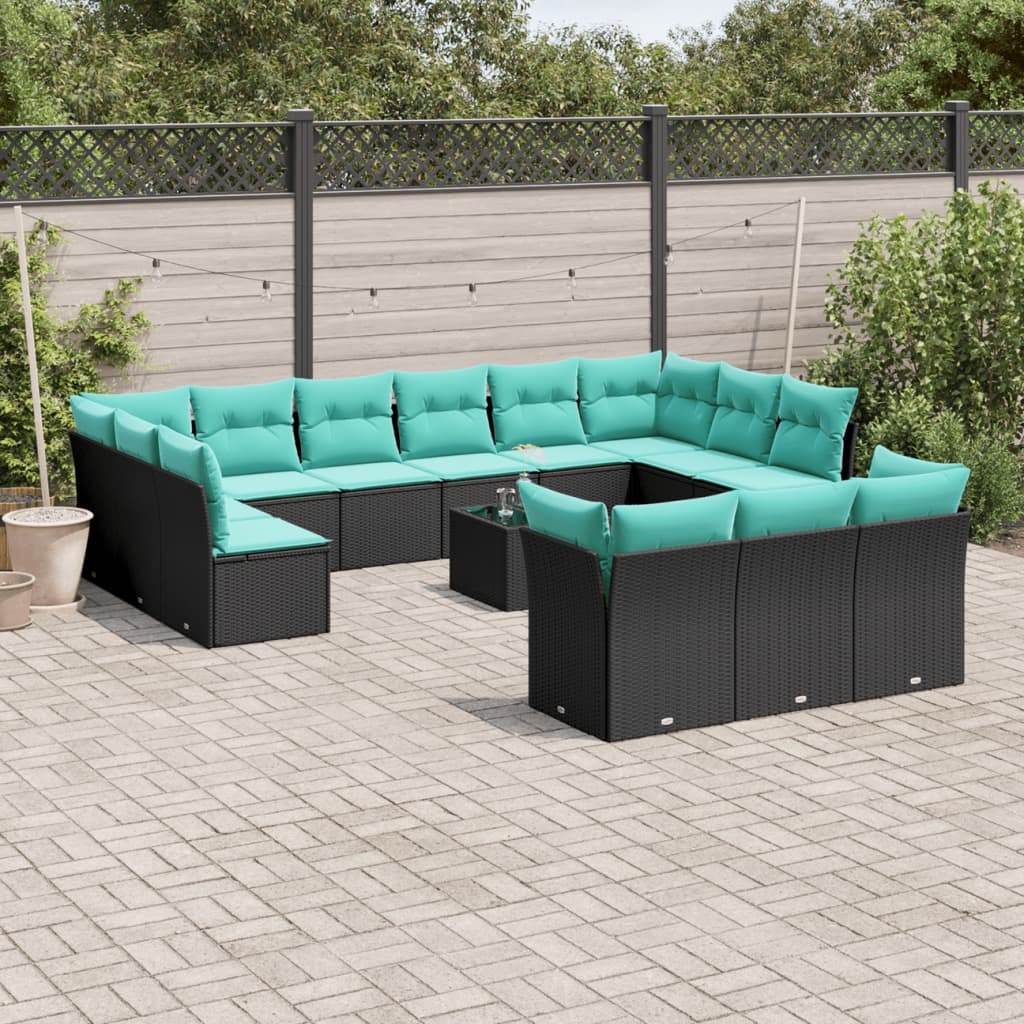 Conjunto de sofá de jardim com 14 peças e almofadas em rattan sintético preto