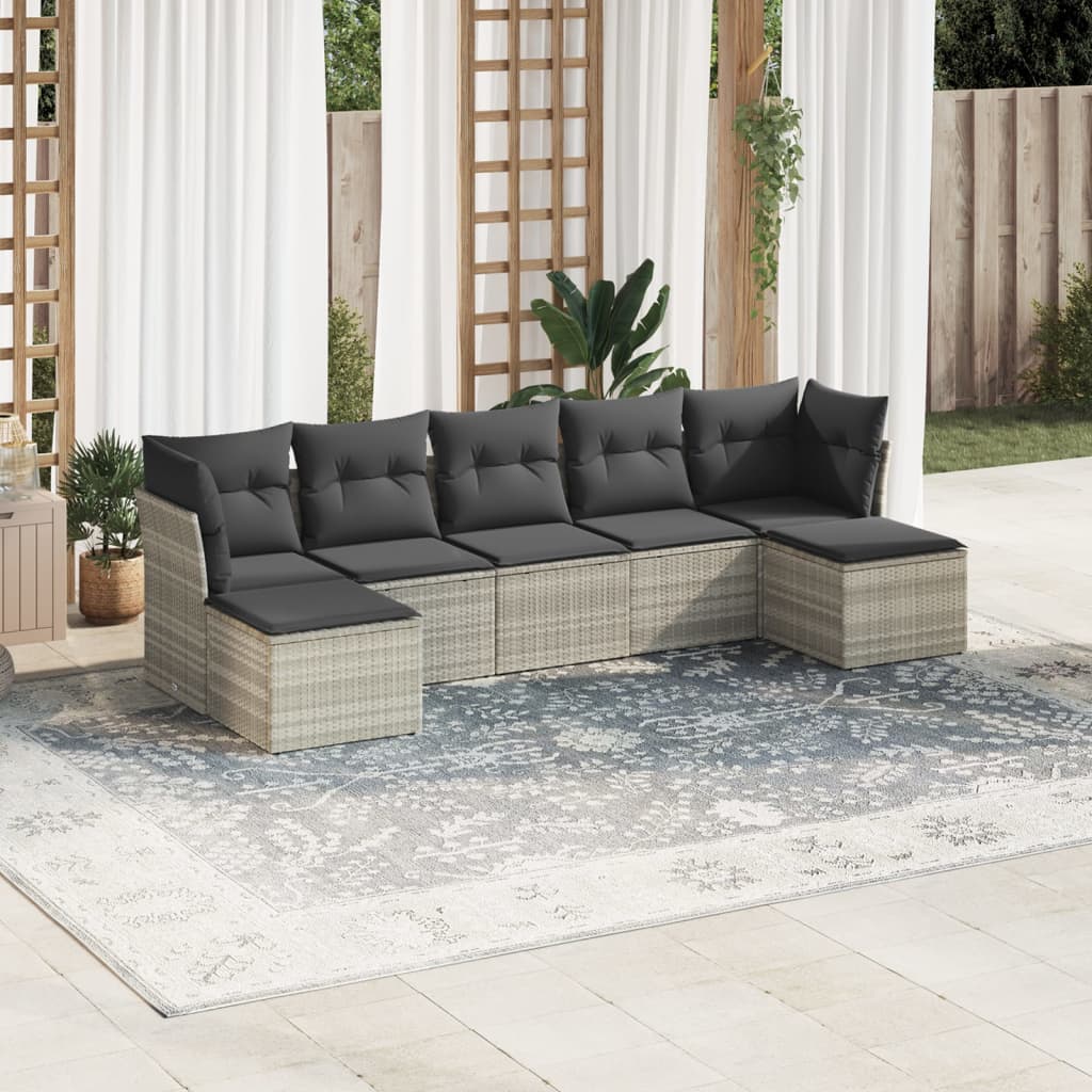 7 Pcs conj. sofás jardim com almofadões vime PE cinzento-claro