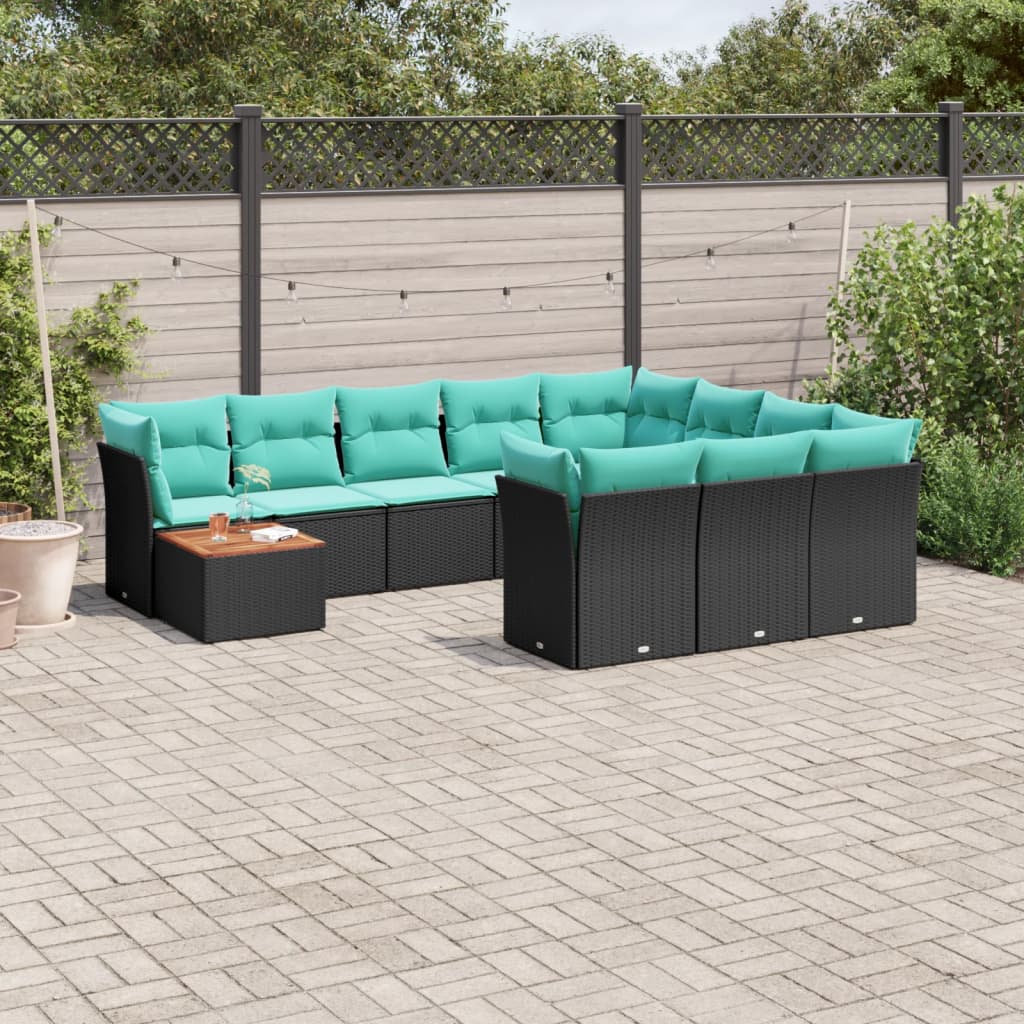 11 Pcs conjunto sofás de jardim c/ almofadões vime PE preto