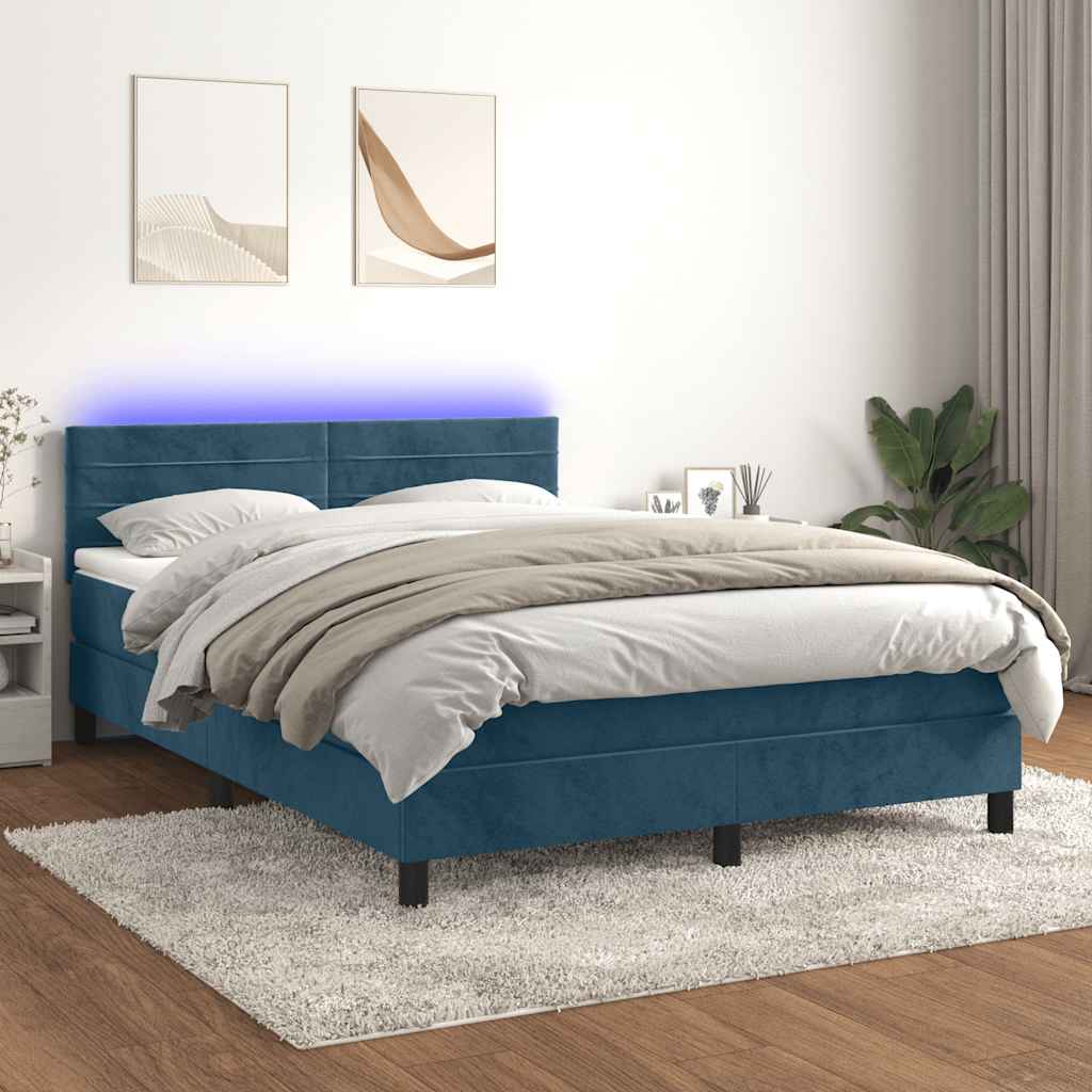 Cama box spring c/ colchão/LED 140x200 cm veludo azul-escuro