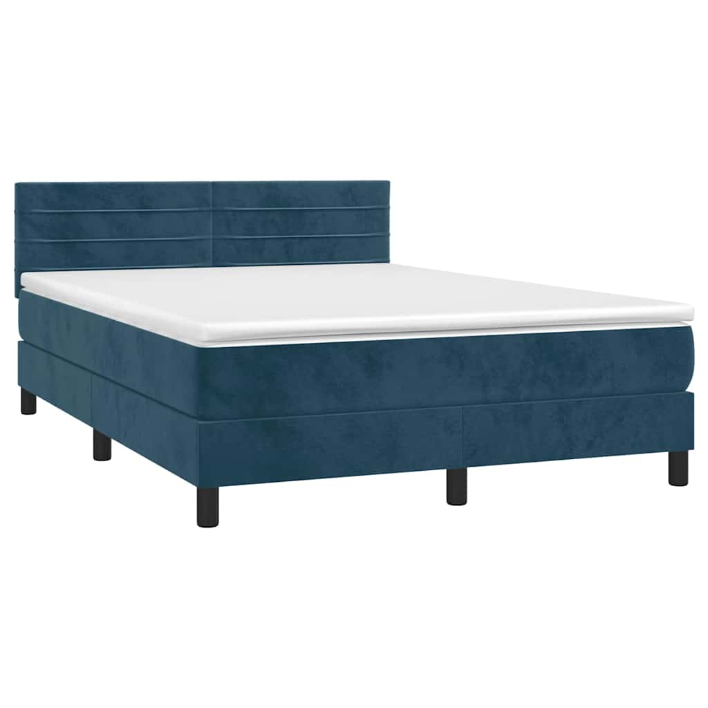 Cama box spring c/ colchão/LED 140x200 cm veludo azul-escuro