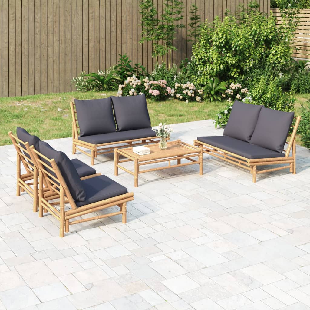 5 Pcs conjunto lounge jardim bambu c/ almofadões cinza-escuro