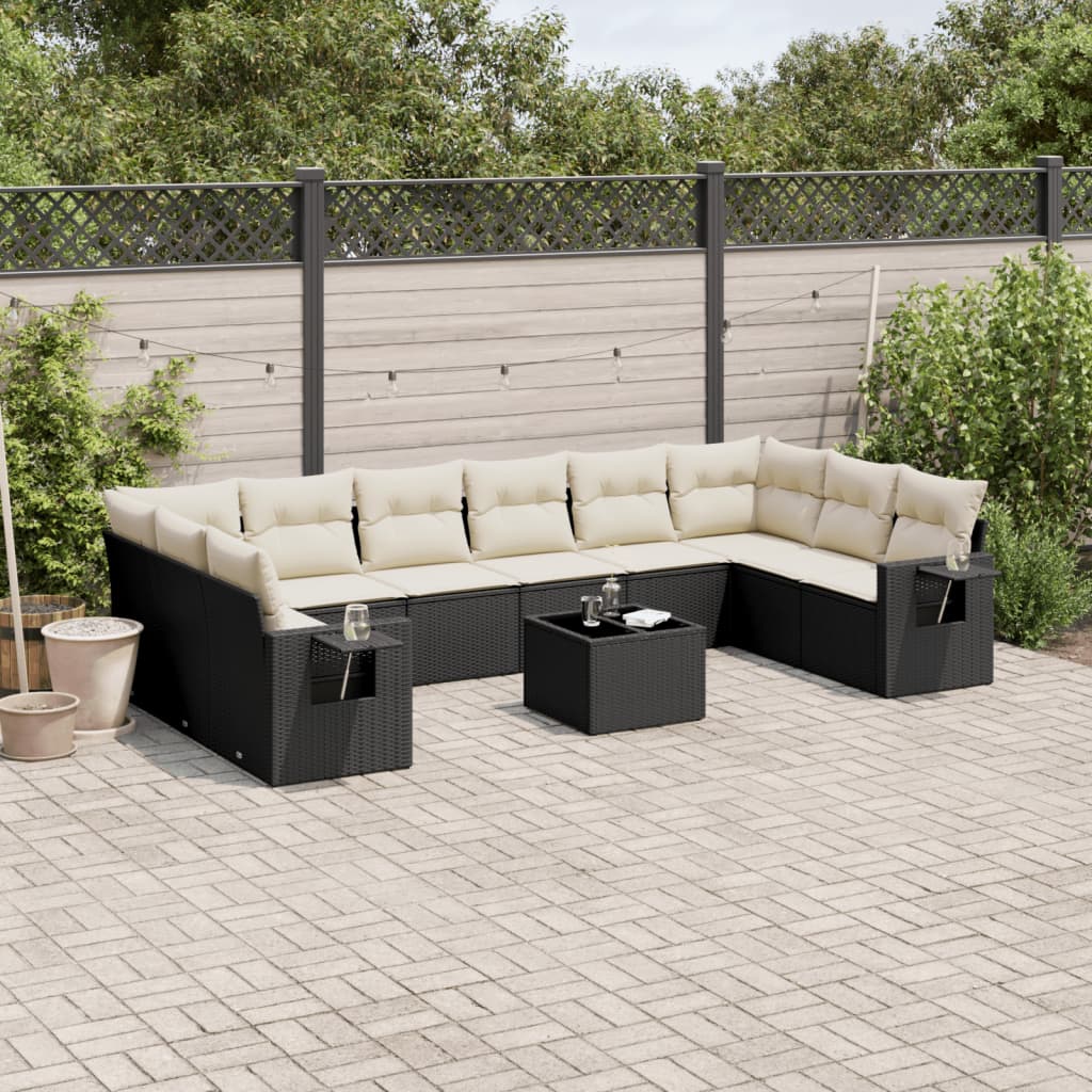 11 Pcs conjunto sofás de jardim c/ almofadões vime PE preto