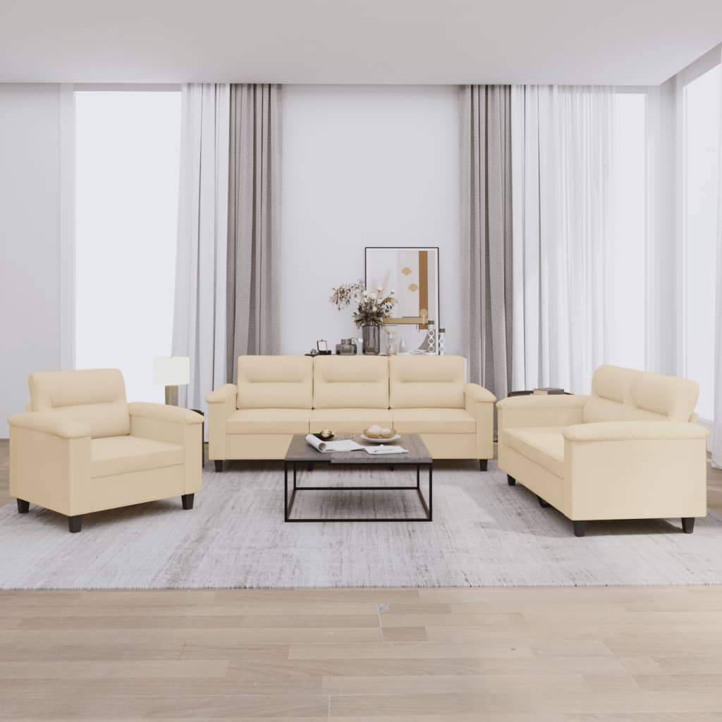 3 Pcs conj. sofás c/ almofadões tecido de microfibra cor creme